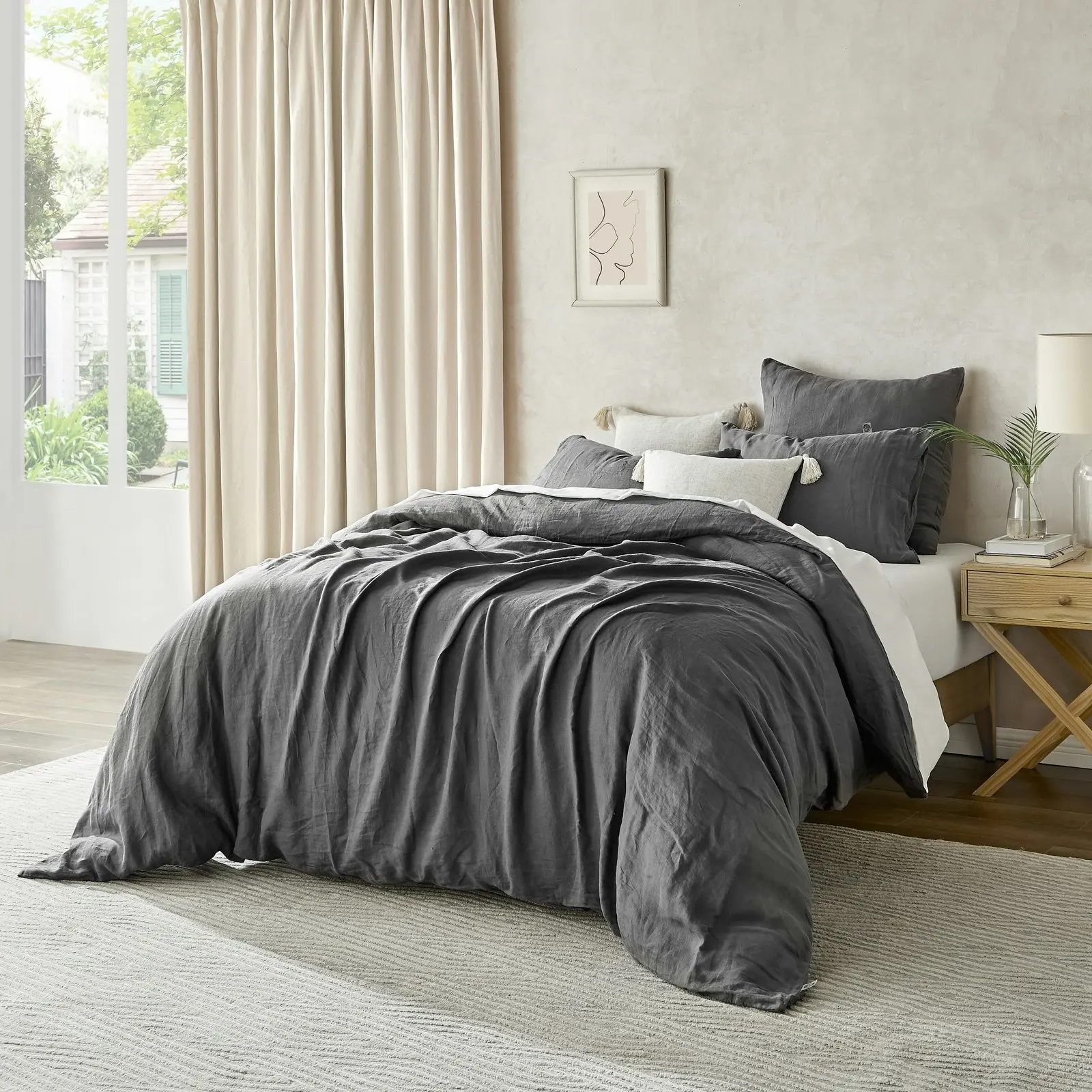 Natural Home 100% European Flax Linen Quilt Cover Set Charcoal Double Bed