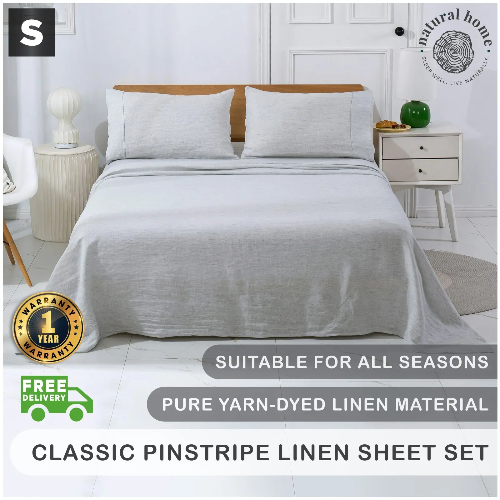 Natural Home Classic Pinstripe Linen Sheet Set White with Dark Pinstripe Single Bed