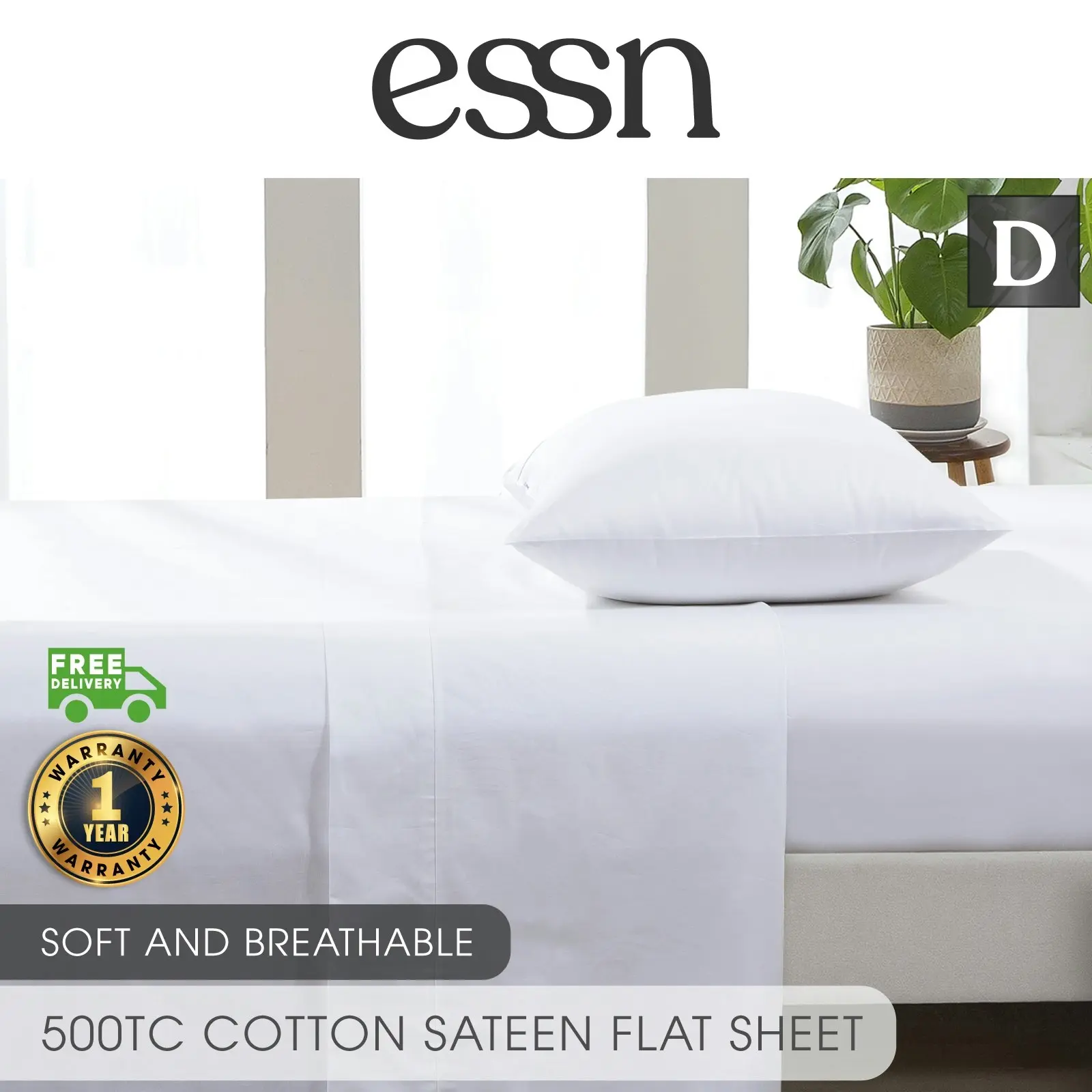 ESSN 500TC Cotton Sateen Flat Sheet White Double Bed