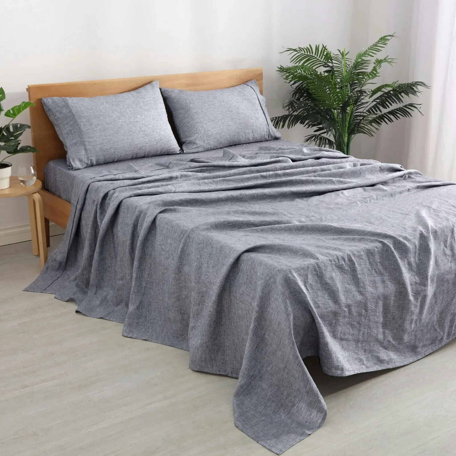 Natural Home Classic Pinstripe Linen Sheet Set Dark with White Pinstripe King Single Bed