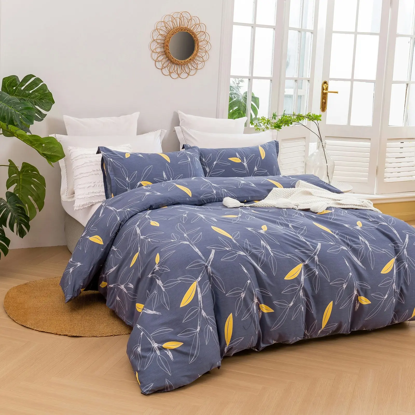 Dreamaker Botanical 100% Cotton Quilt Cover Set Grey Single Bed