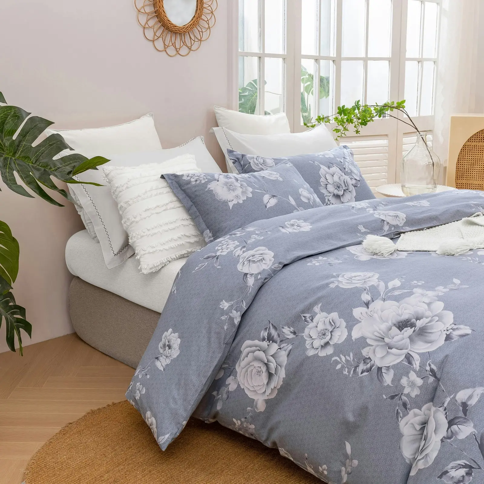 Dreamaker Blossom 100% Cotton Quilt Cover Set Silver Single Bed