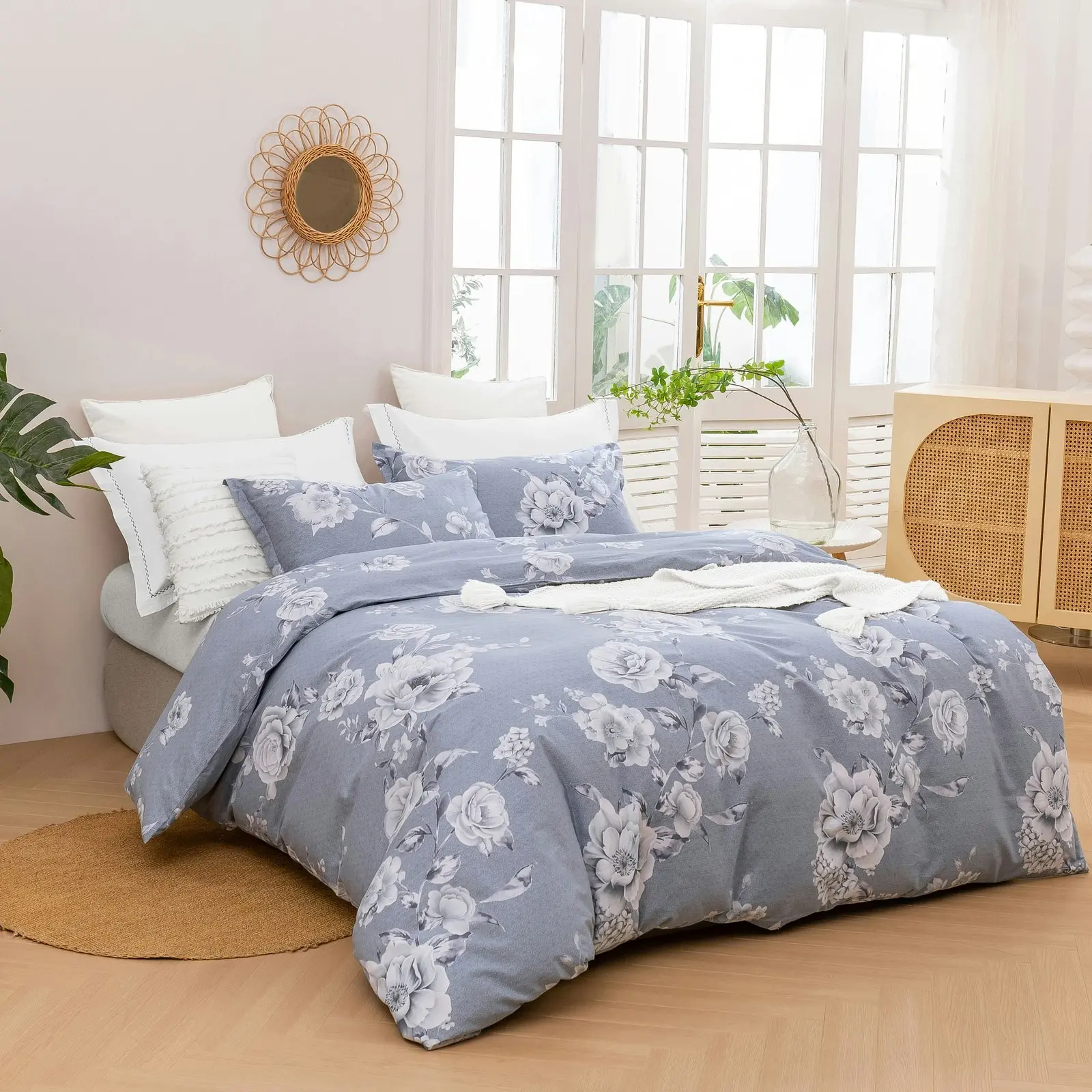 Dreamaker Blossom 100% Cotton Quilt Cover Set Silver Single Bed