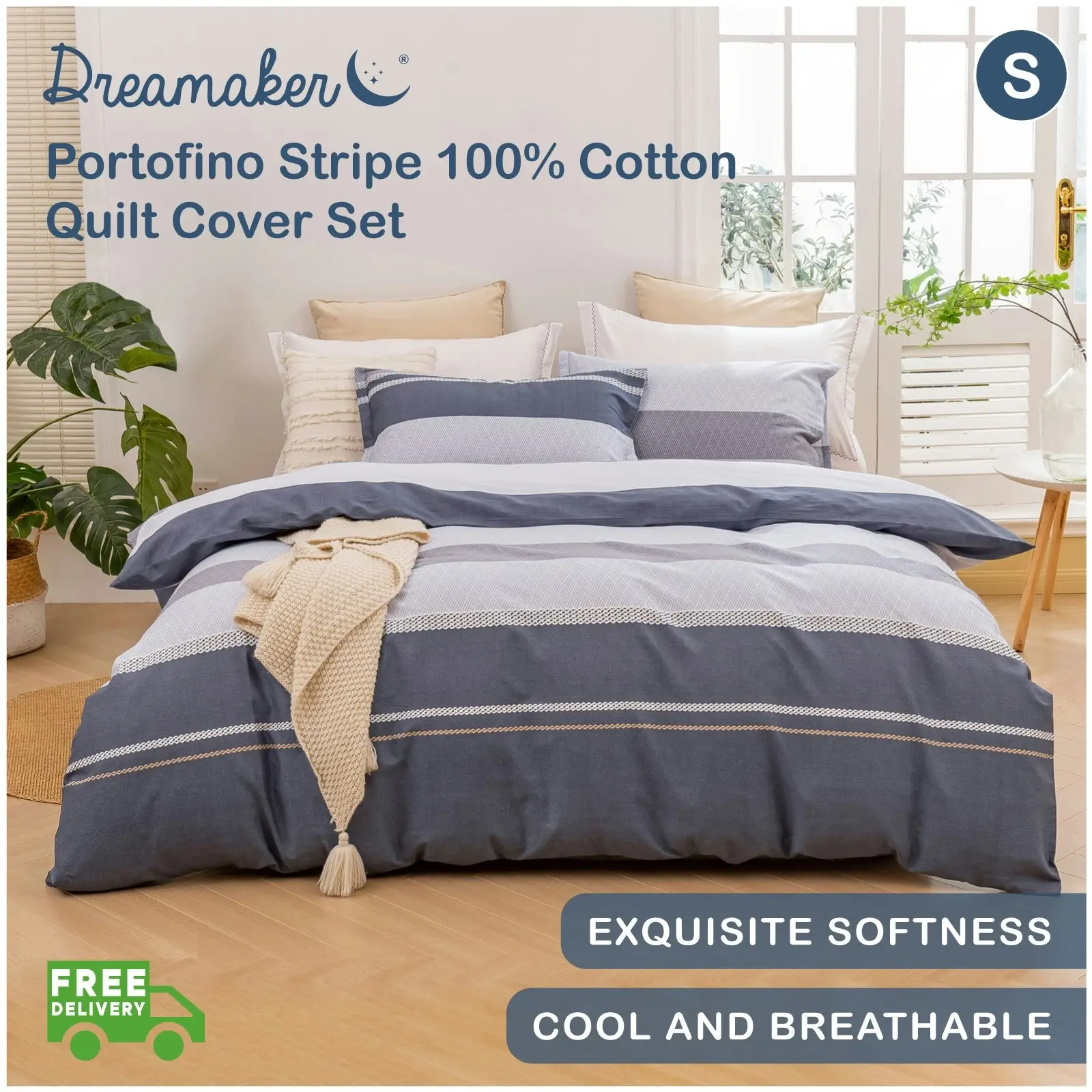 Dreamaker Portofino Stripe 100% Cotton Quilt Cover Set Blue Single Bed