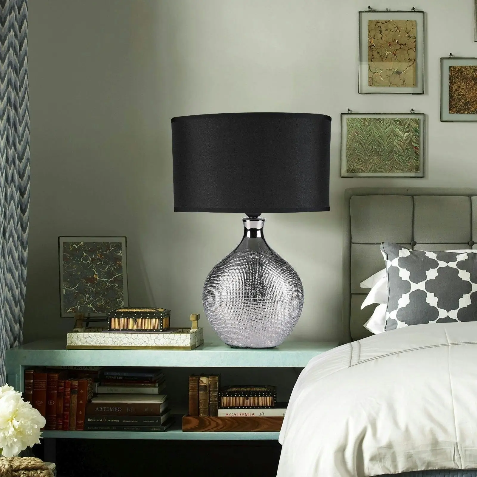 Sherwood Lighting Cosmo Contemporary Bedside Table Lamp Art Deco Textured Silver