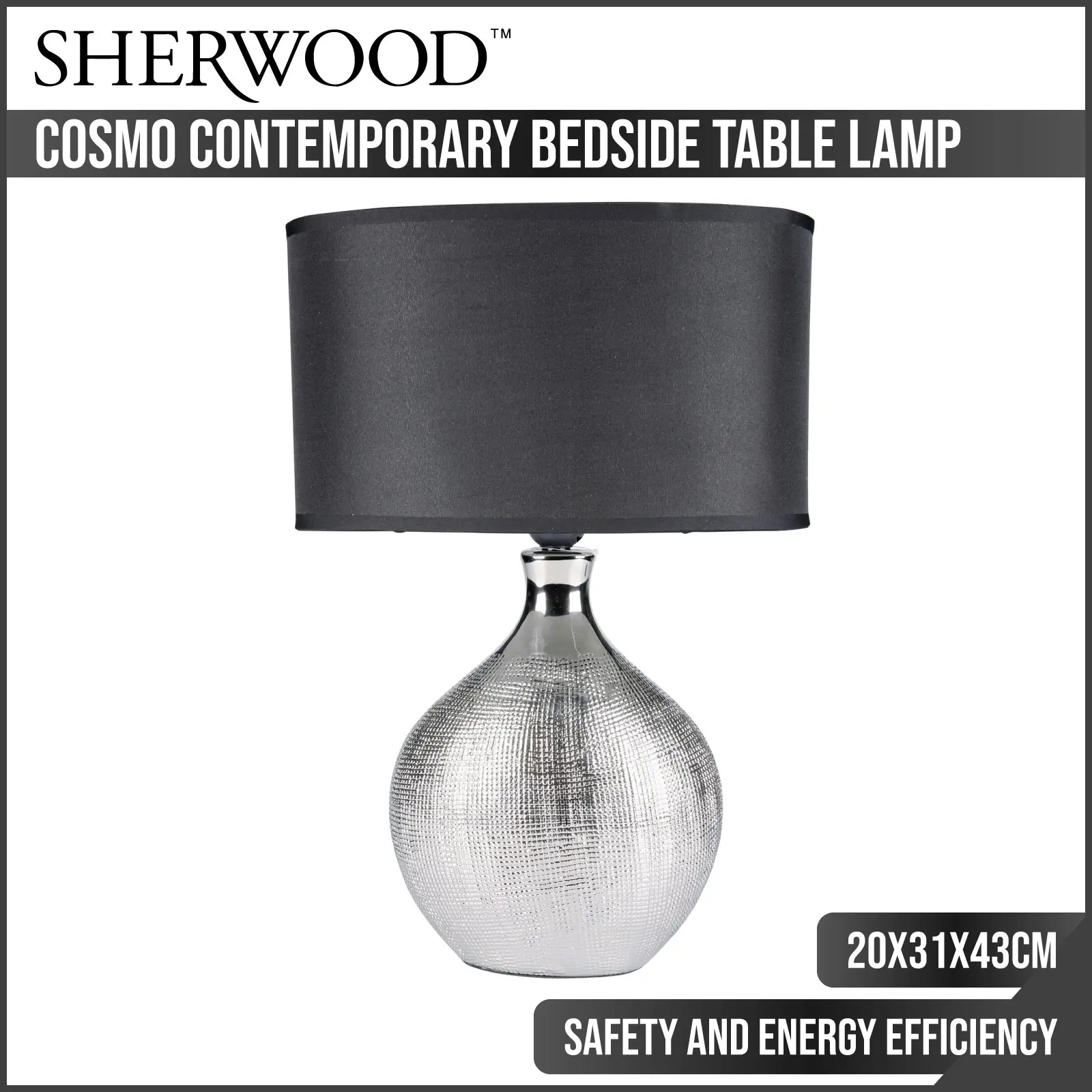 Sherwood Lighting Cosmo Contemporary Bedside Table Lamp Art Deco Textured Silver