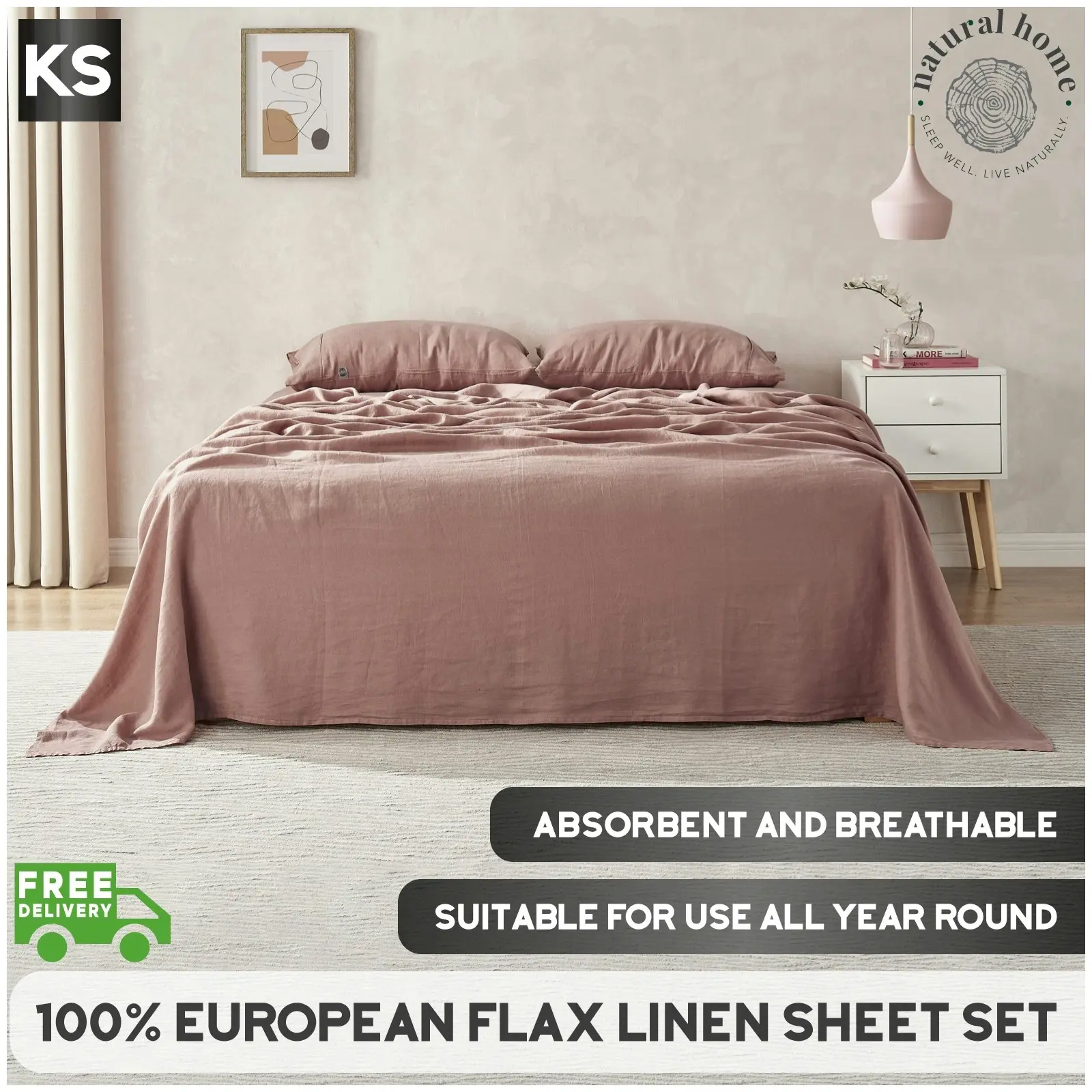 Natural Home 100% European Flax Linen Sheet Set Rose Gold King Single Bed