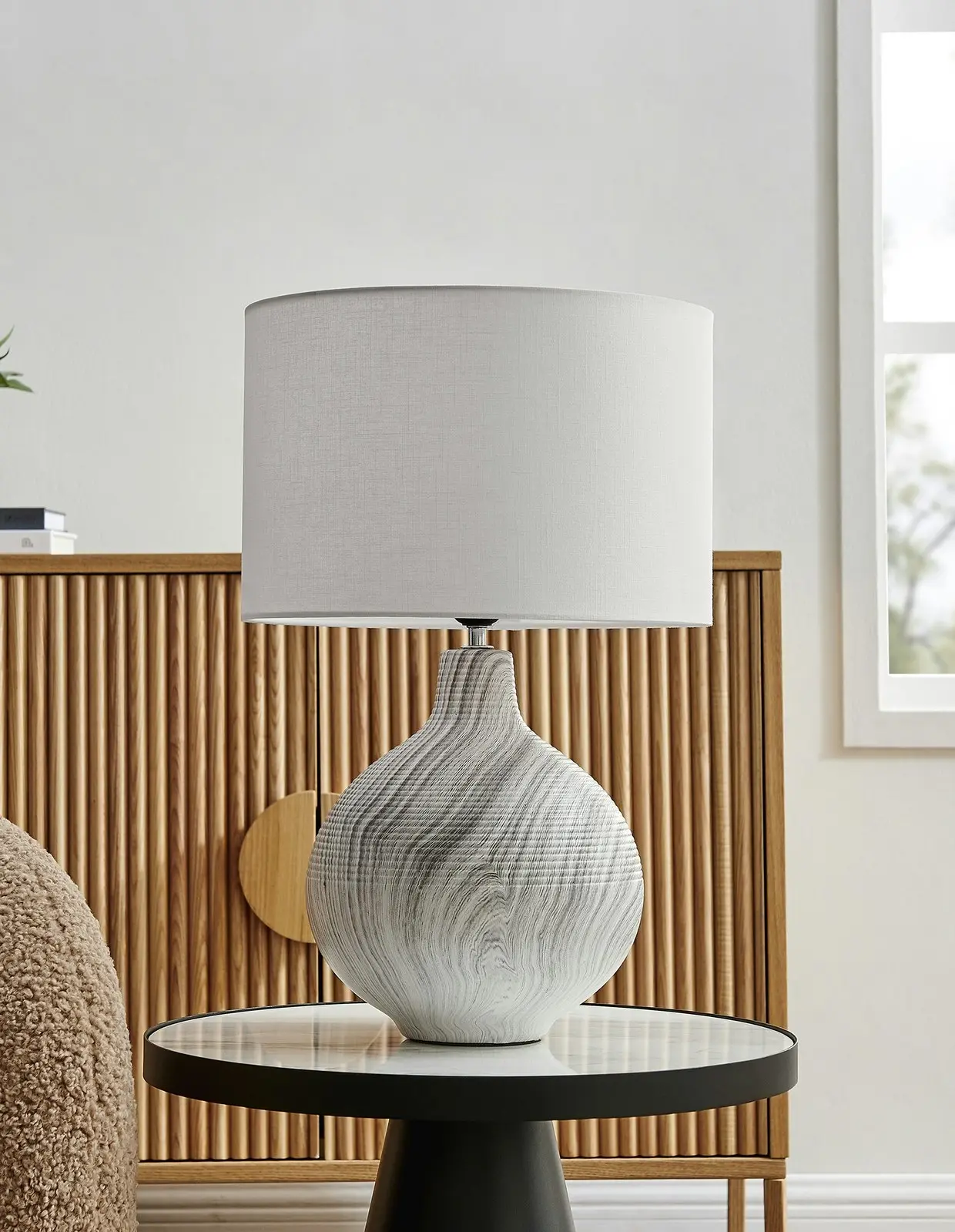 Sherwood Lighting Textured Concrete Bedside Table Lamp White Shade