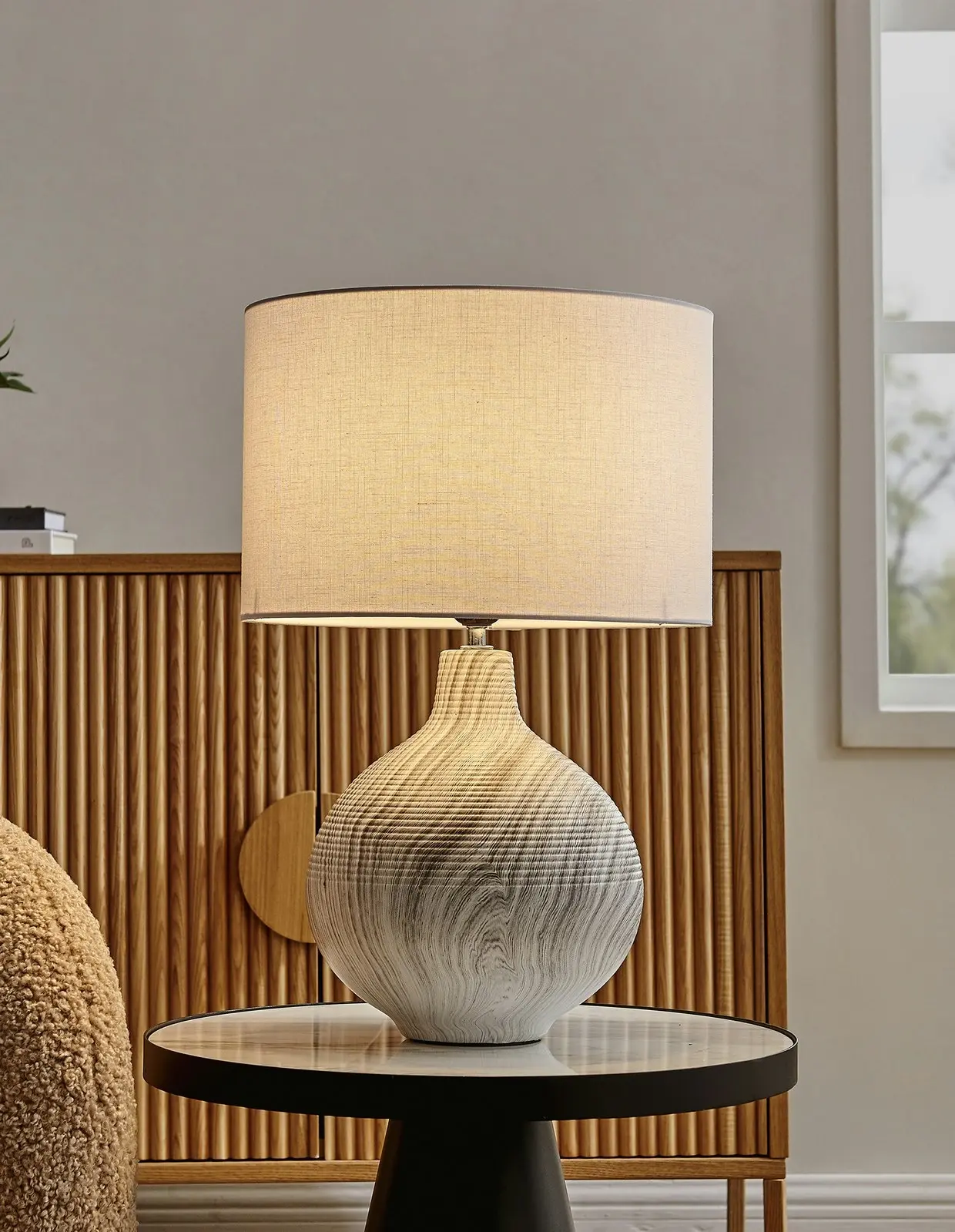 Sherwood Lighting Textured Concrete Bedside Table Lamp White Shade