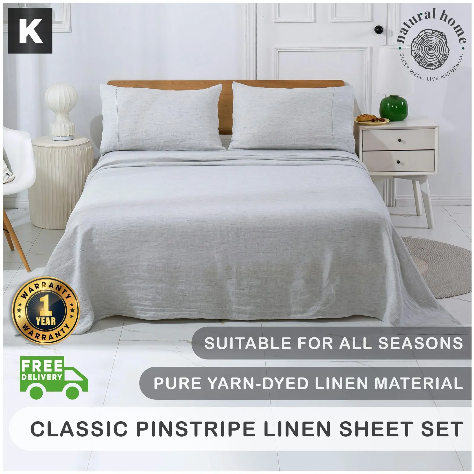 Natural Home Classic Pinstripe Linen Sheet Set White with Dark Pinstripe King Bed