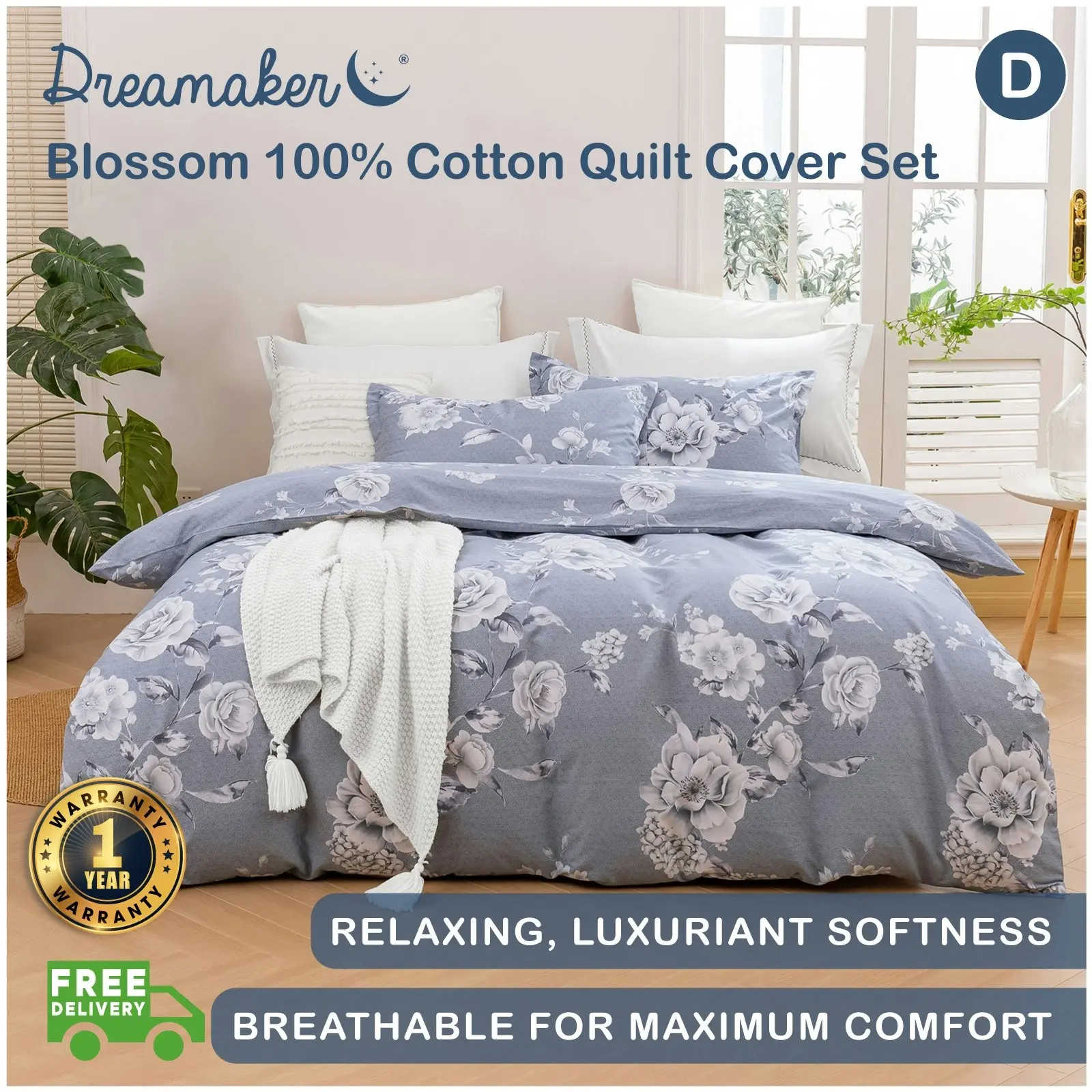 Dreamaker Blossom 100% Cotton Quilt Cover Set Silver Double Bed