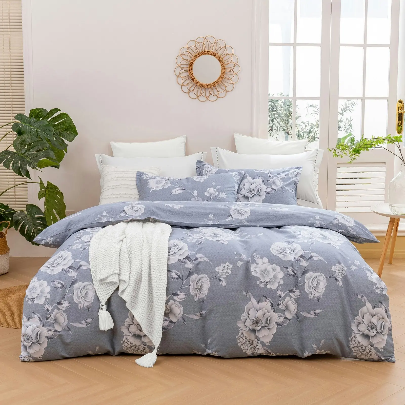 Dreamaker Blossom 100% Cotton Quilt Cover Set Silver Double Bed