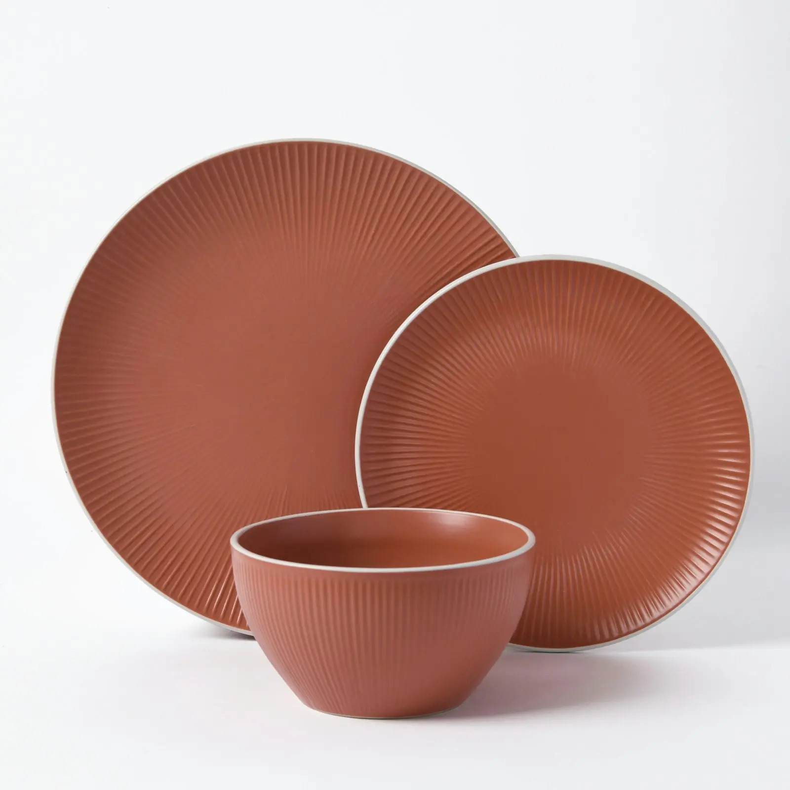 Cadence & Co. Maze 12-Piece Ribbed Dinner Set Matte Glaze Terracotta/White 4 person