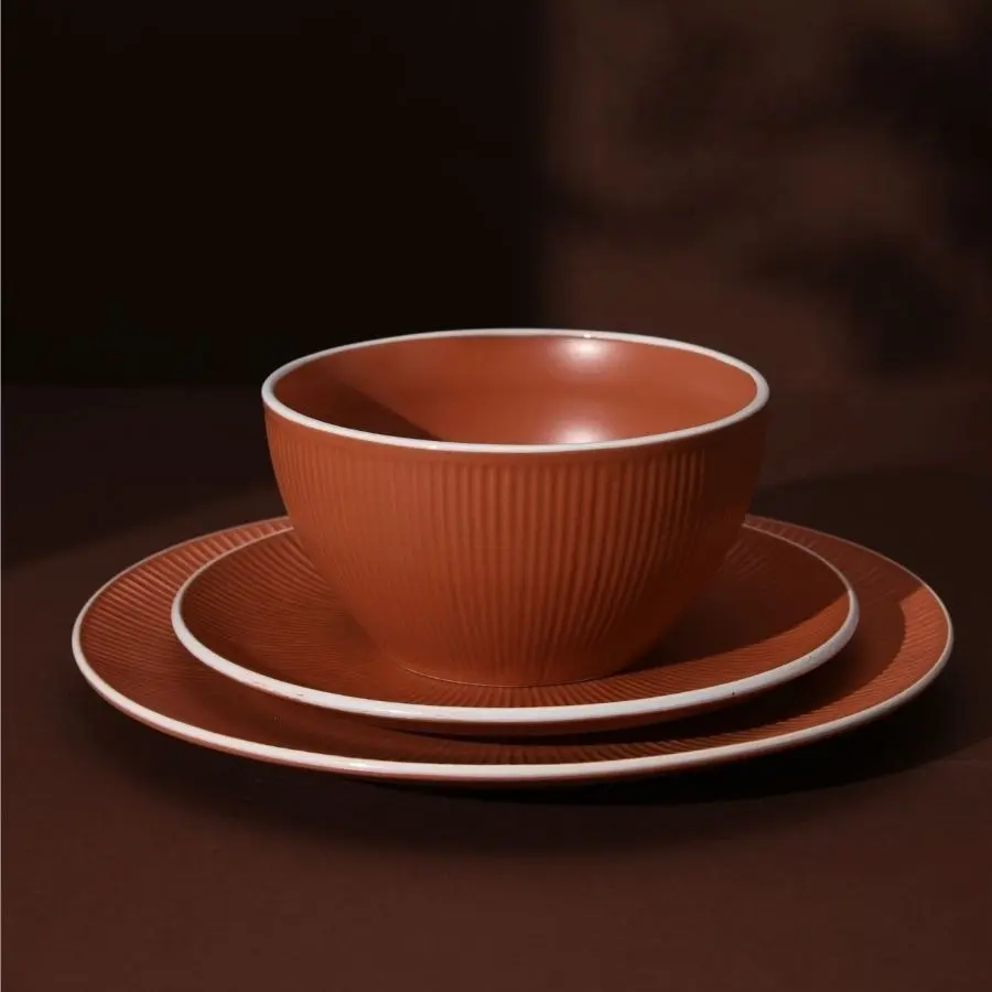 Cadence & Co. Maze 12-Piece Ribbed Dinner Set Matte Glaze Terracotta/White 4 person