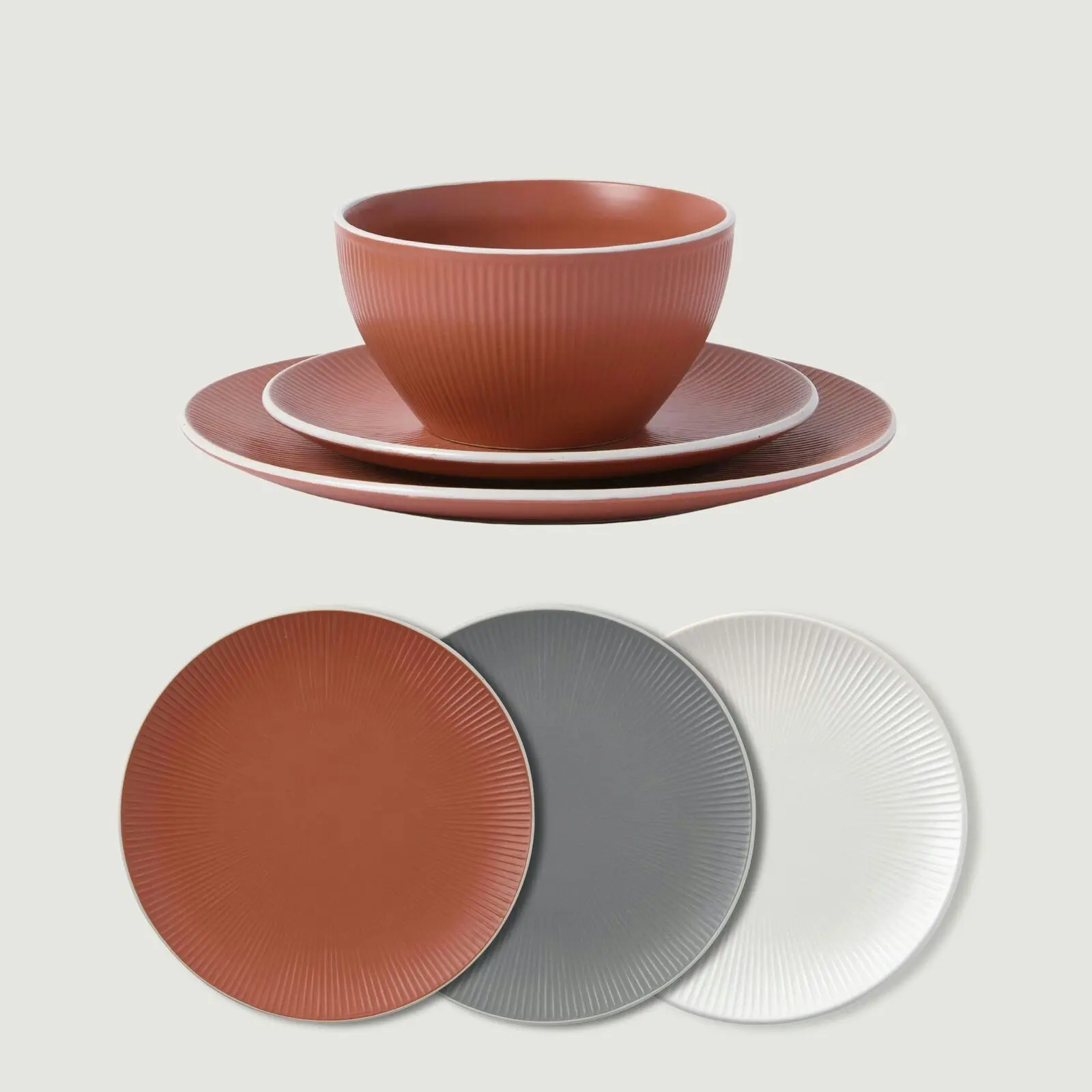 Cadence & Co. Maze 12-Piece Ribbed Dinner Set Matte Glaze Terracotta/White 4 person