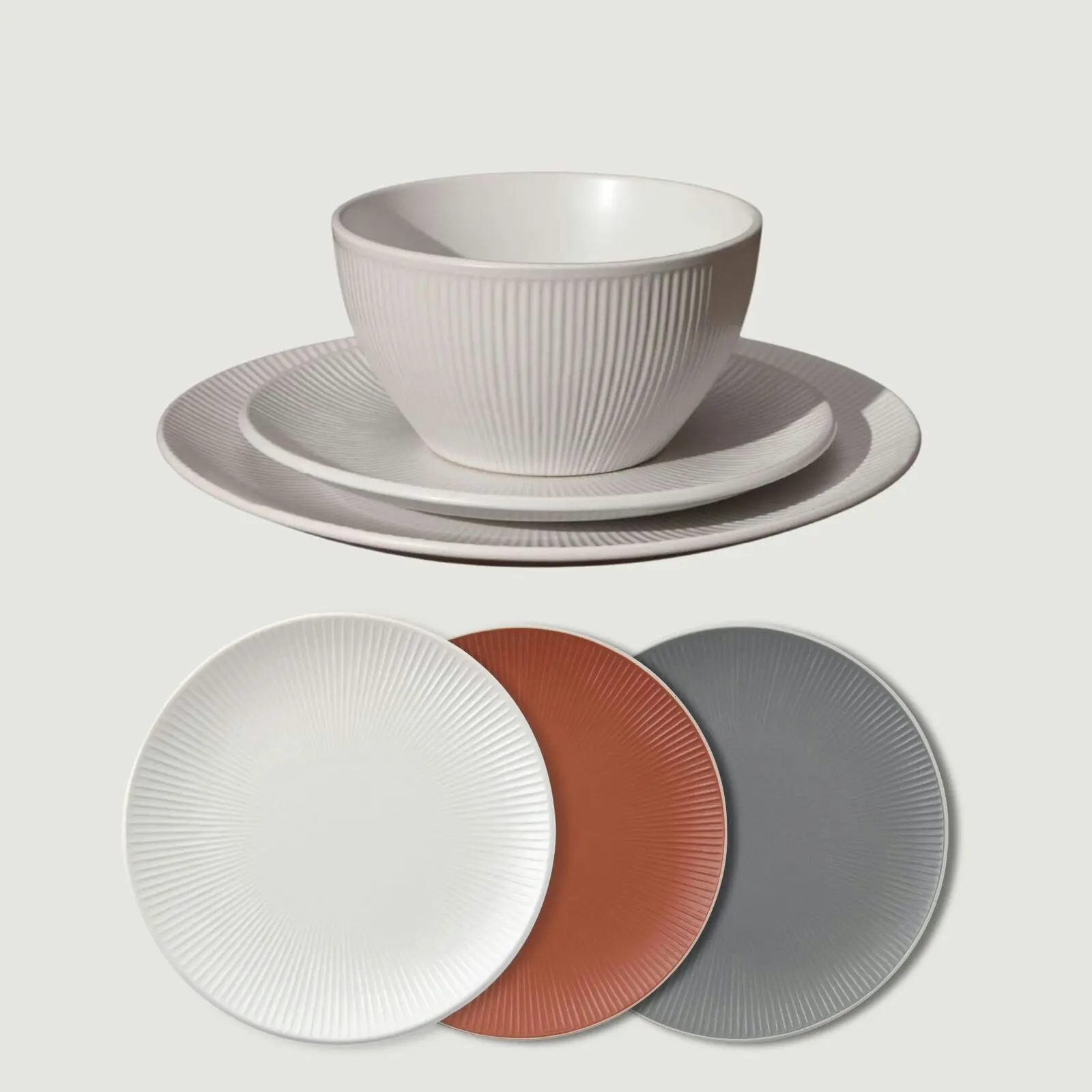 Cadence & Co. Maze 12-Piece Ribbed Dinner Set Matte Glaze White 4 person