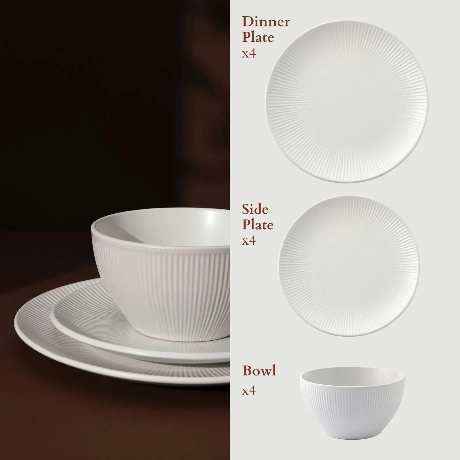 Cadence & Co. Maze 12-Piece Ribbed Dinner Set Matte Glaze White 4 person