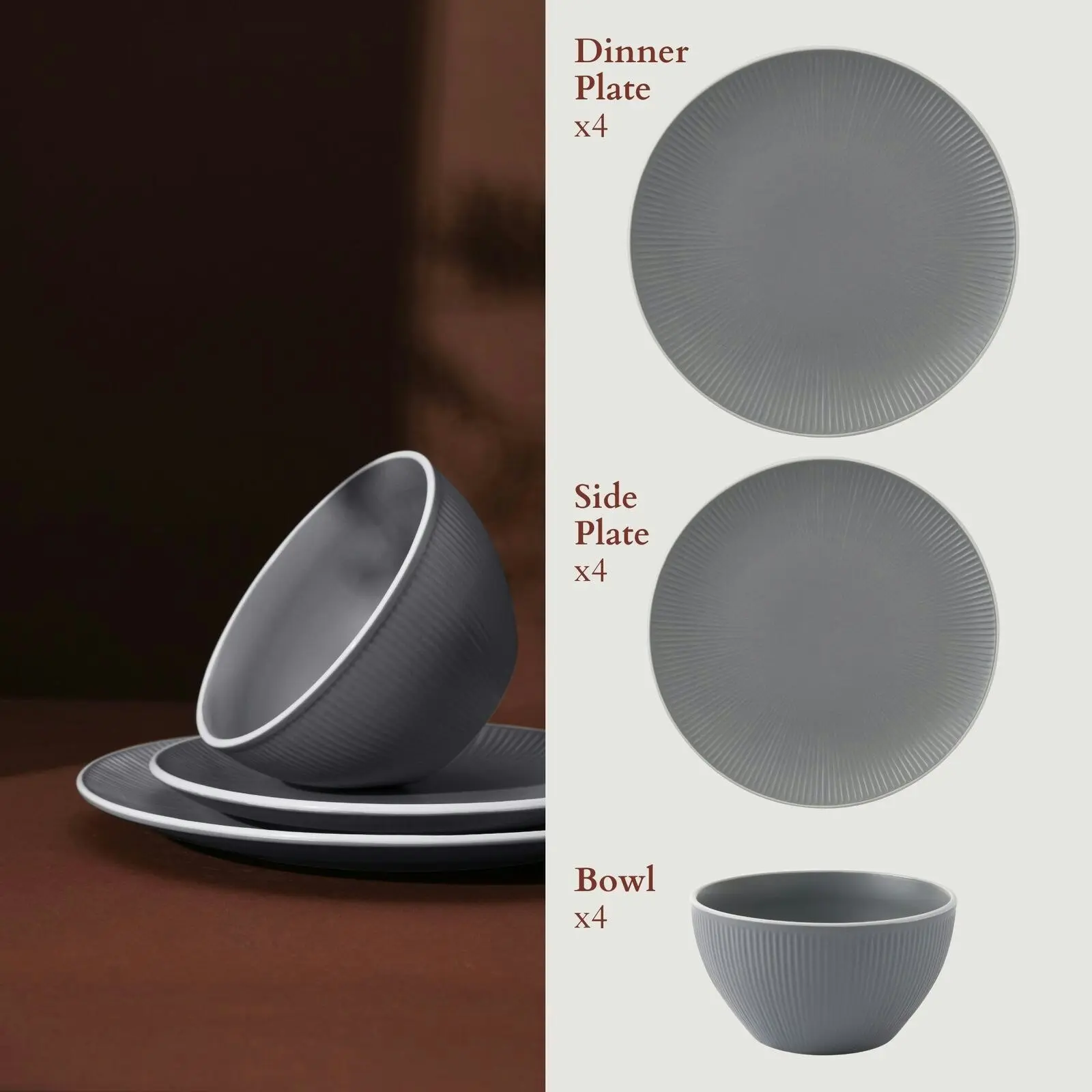 Cadence & Co. Maze 12-Piece Ribbed Dinner Set Matte Glaze Grey/White 4 person