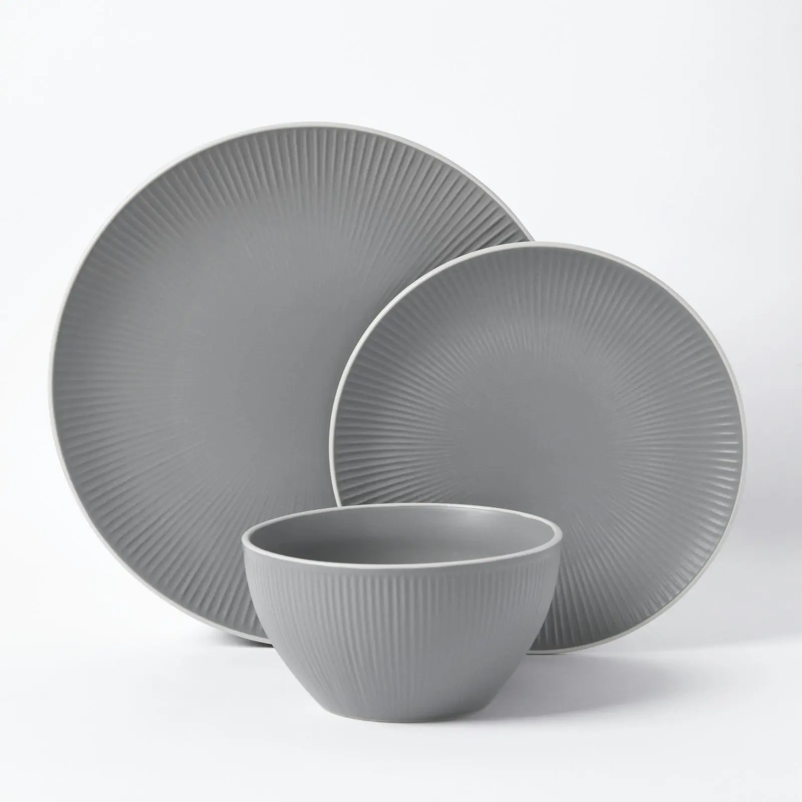 Cadence & Co. Maze 12-Piece Ribbed Dinner Set Matte Glaze Grey/White 4 person