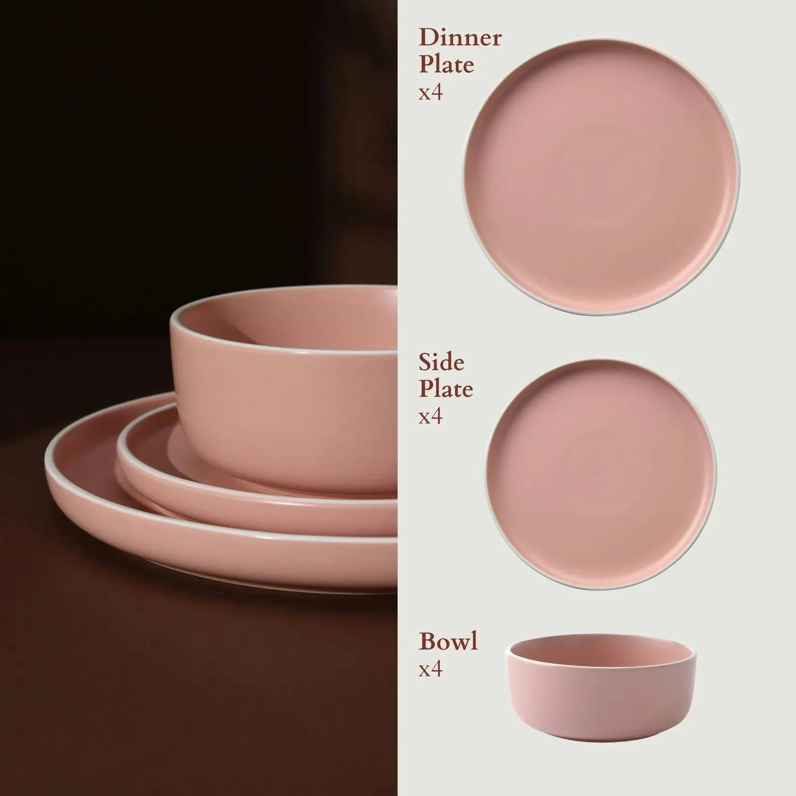 Cadence & Co. Muse 12-Piece Dinner Set Matte Glaze Pink Clay/White 4 person