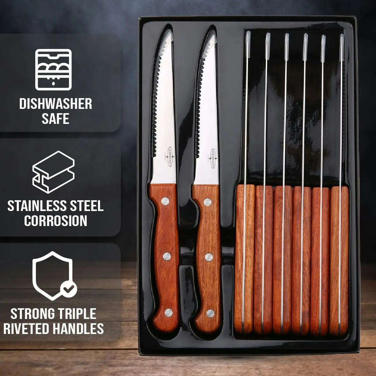 Sherwood Home 8 Piece Steak Knife Set with Rosewood Handles Natural Brown