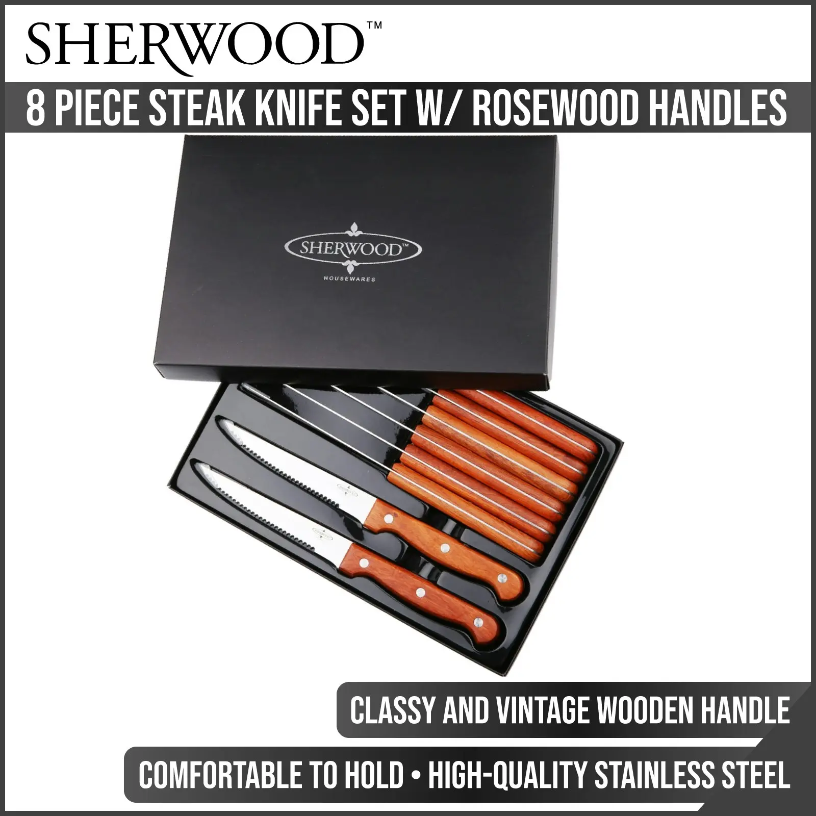 Sherwood Home 8 Piece Steak Knife Set with Rosewood Handles Natural Brown