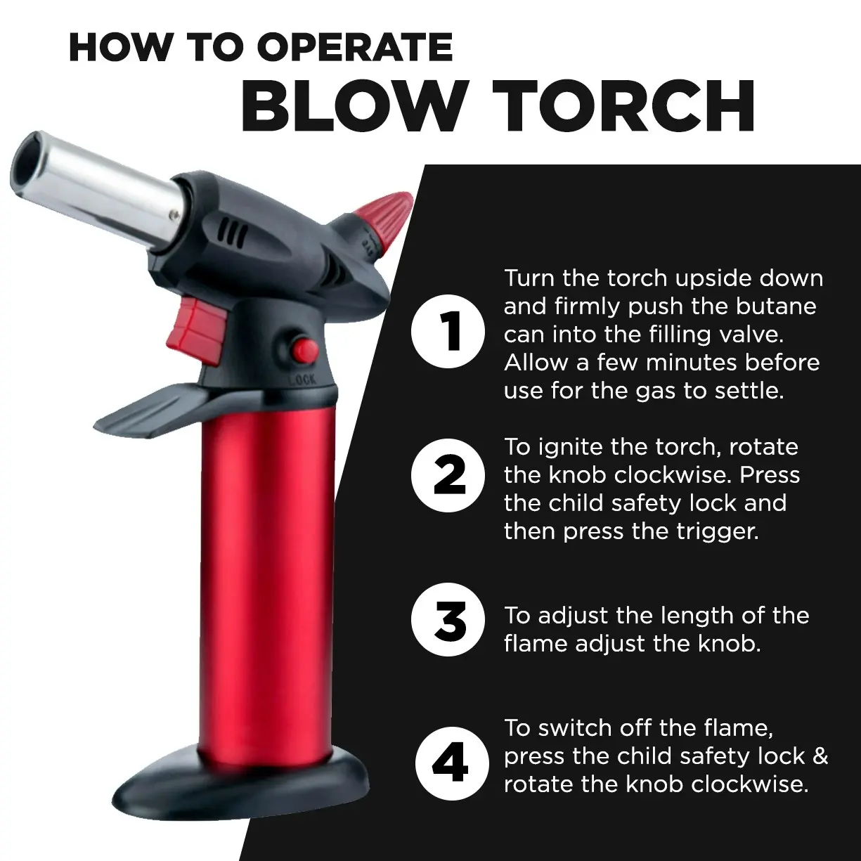 Gourmet Kitchen Refillable Butane Kitchen Blow Torch Red and Black