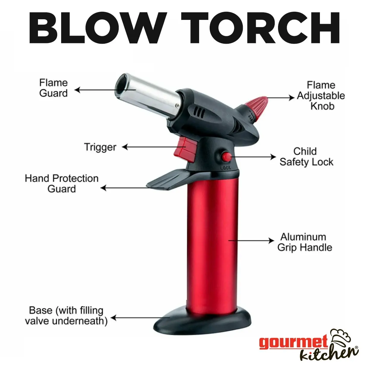 Gourmet Kitchen Refillable Butane Kitchen Blow Torch Red and Black