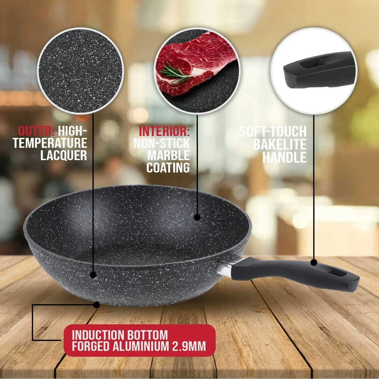 Gourmet Kitchen 4 Piece Marble Non Stick Stone Coated Cookware Set With 2 Lids - Black