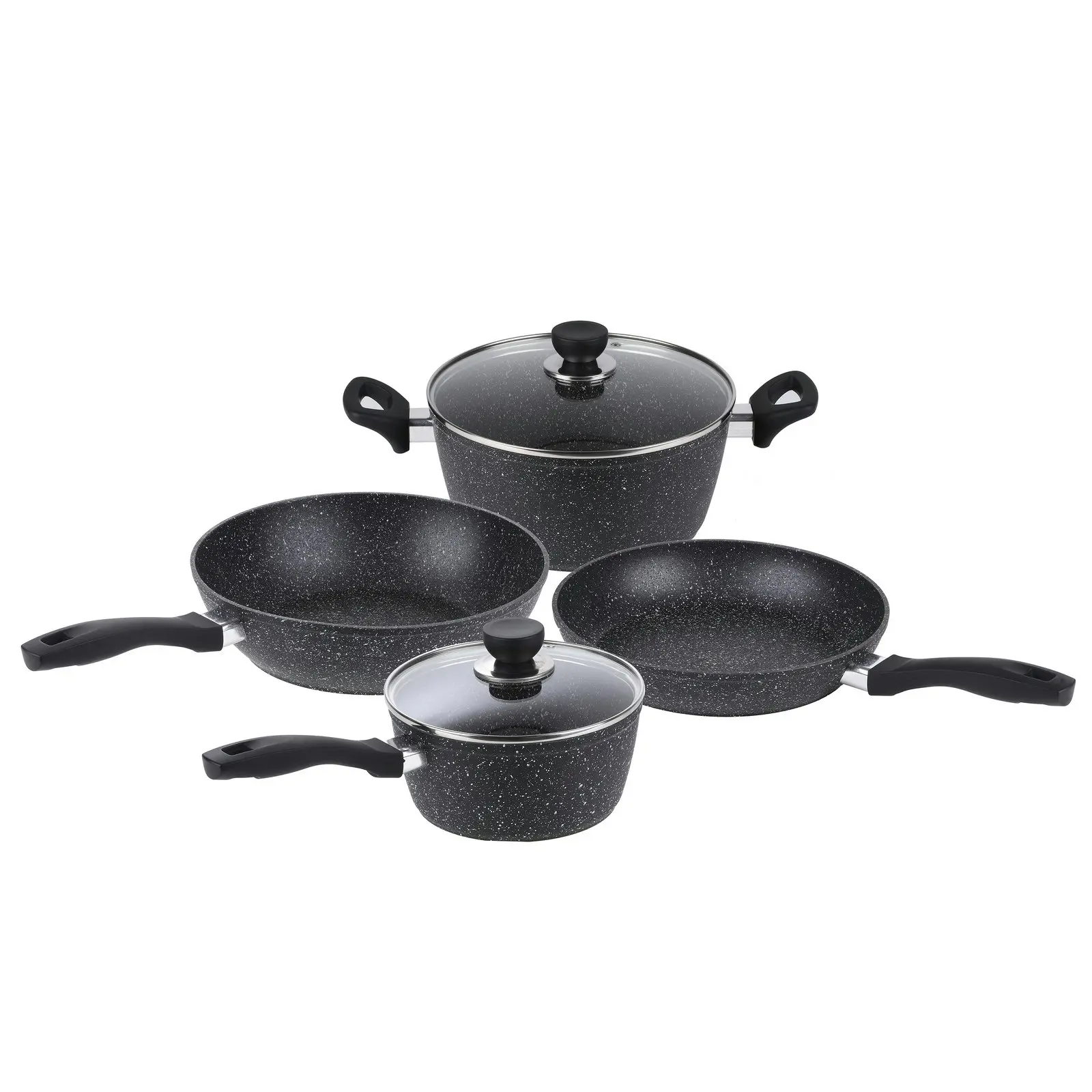 Gourmet Kitchen 4 Piece Marble Non Stick Stone Coated Cookware Set With 2 Lids - Black