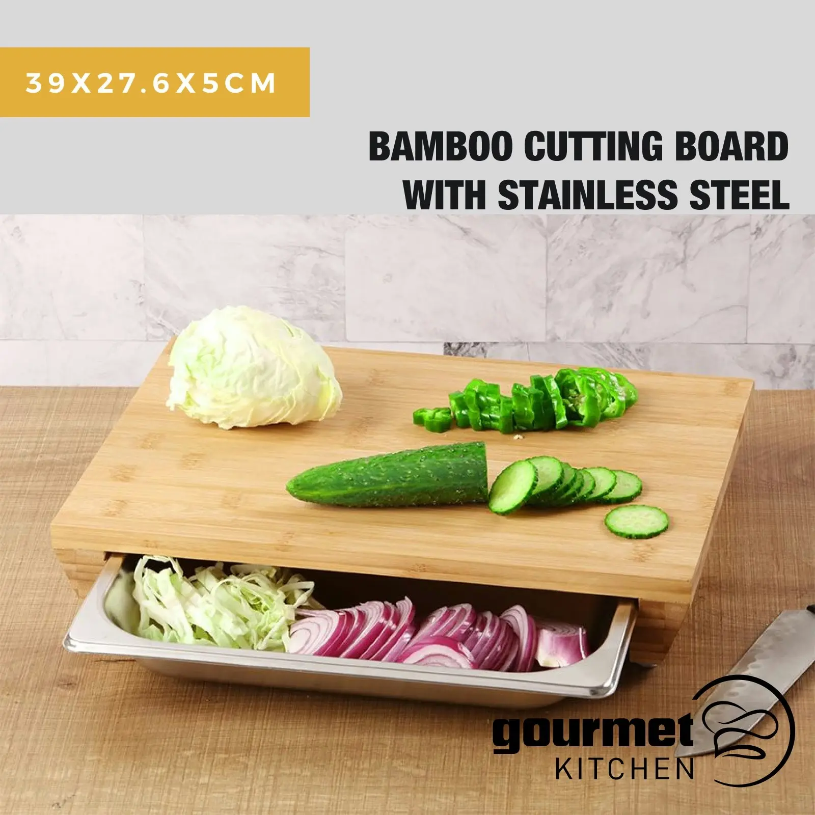 Gourmet Kitchen Bamboo Cutting Board With Stainless Steel Tray 39x27x6.5cm