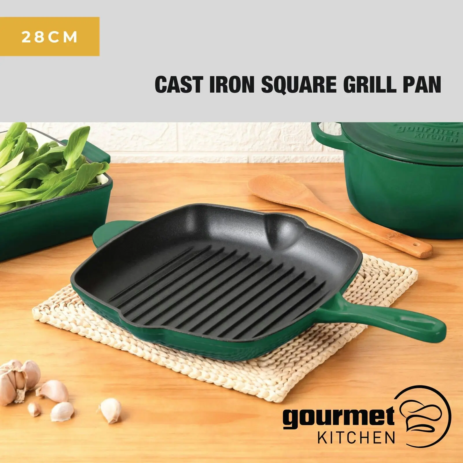 Gourmet Kitchen Cast Iron Square Grill Pan 28cm Eden Green