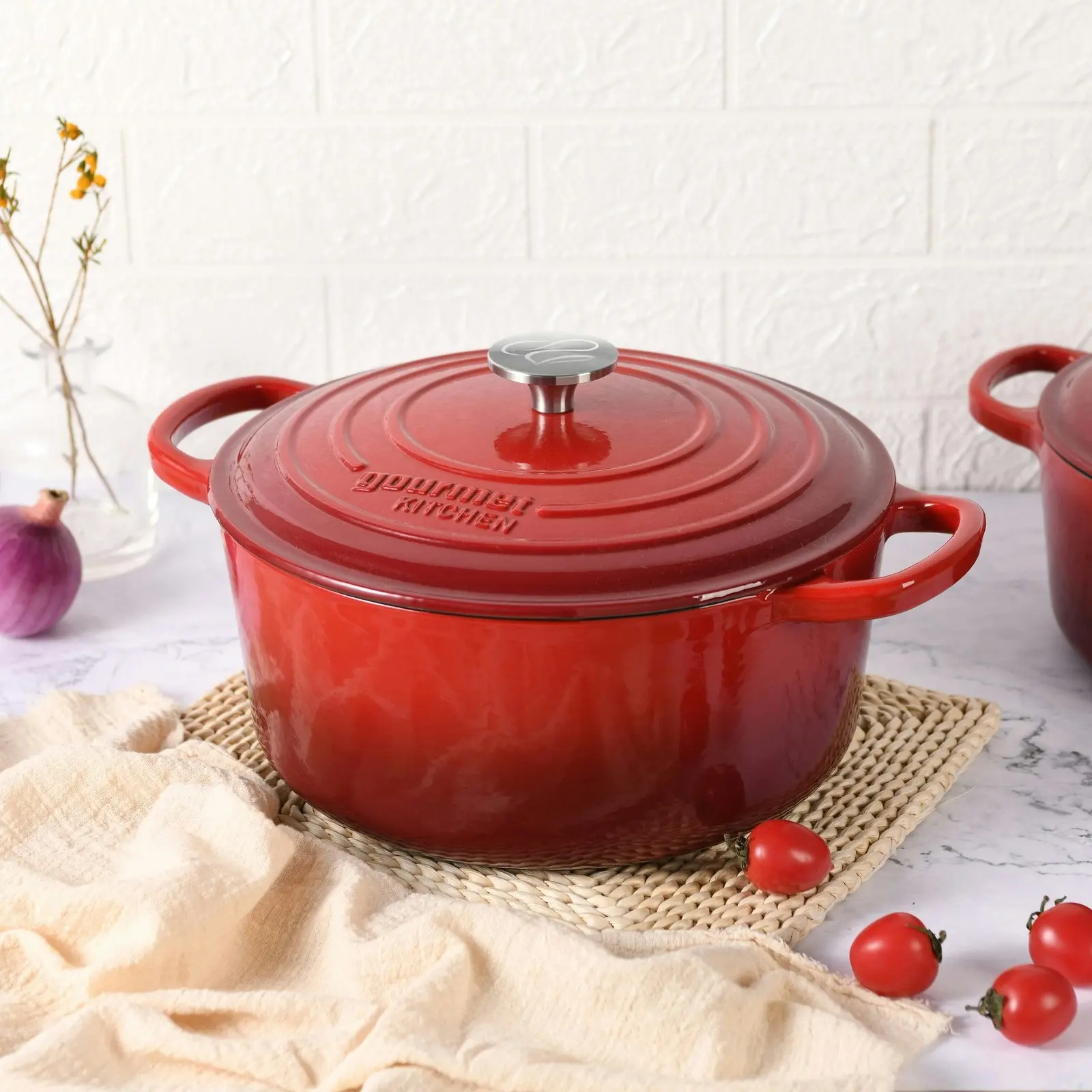 Gourmet Kitchen Cast Iron Casserole 28 cm Black Cherry Red