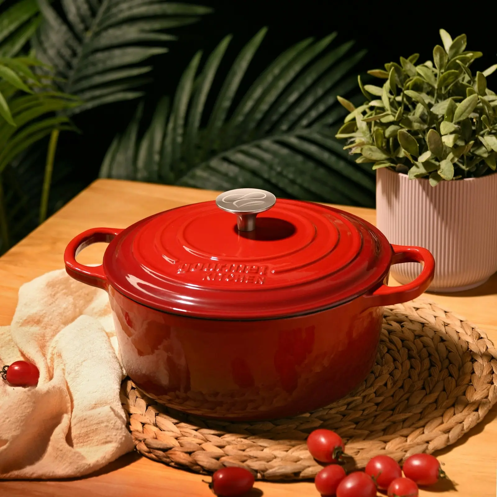 Gourmet Kitchen Cast Iron Casserole 24cm Black Cherry Red