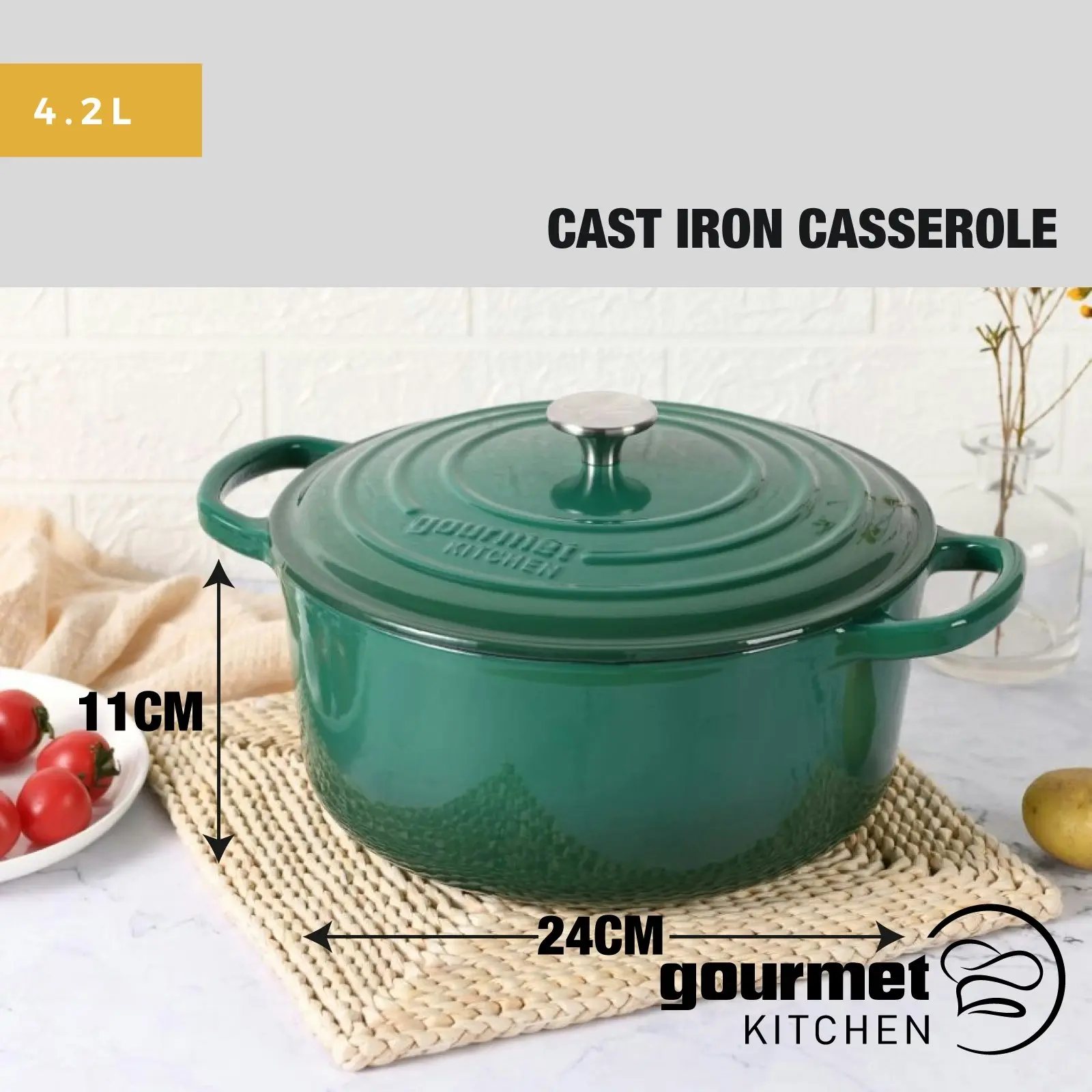 Gourmet Kitchen Cast Iron Casserole 24cm Eden Green