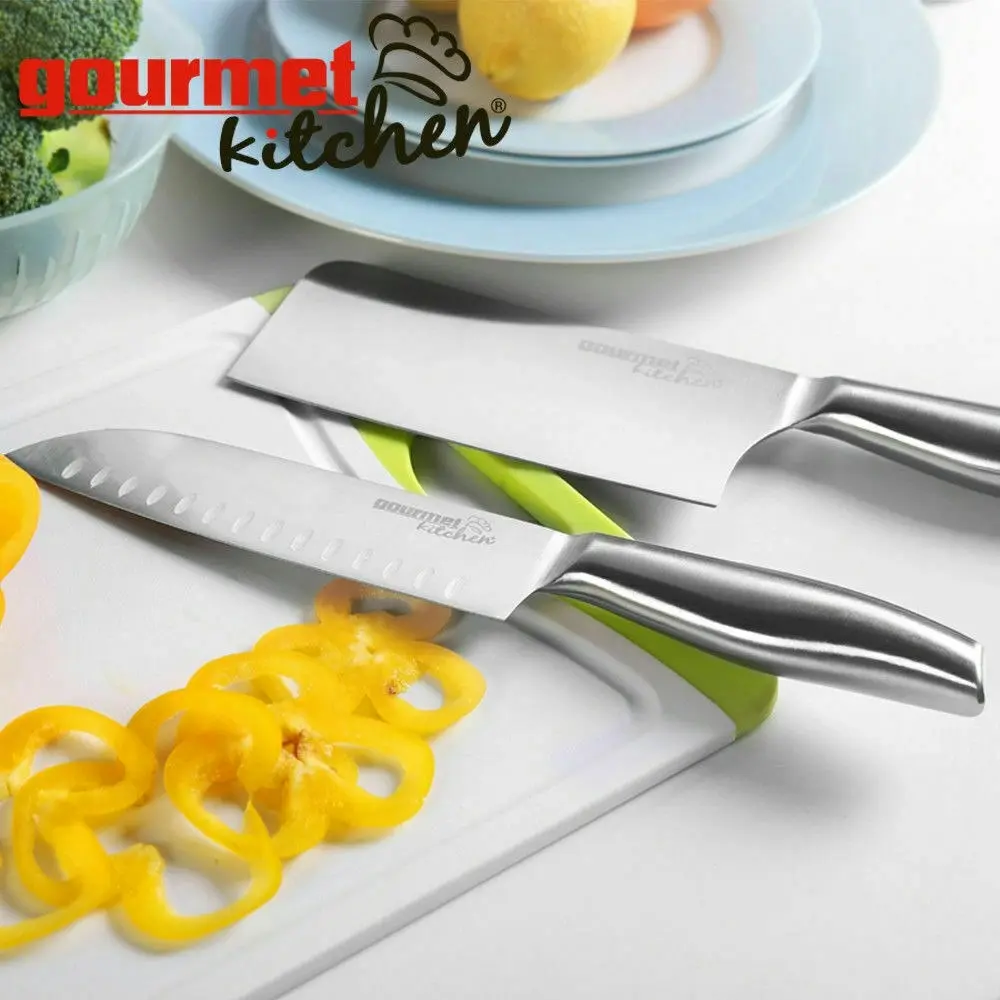 Gourmet Kitchen 2 Piece Stainless Steel Chef Knife Set - Santoku & Clever - Silver