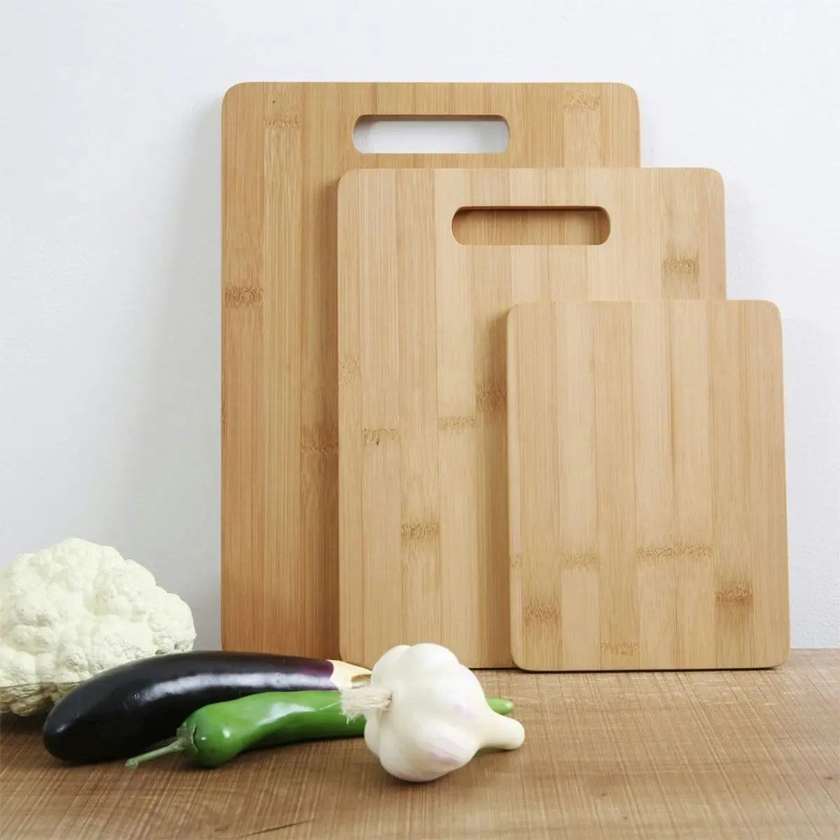 Gourmet Kitchen 3 Piece Natural Bamboo Cutting Board Set Wood Brown