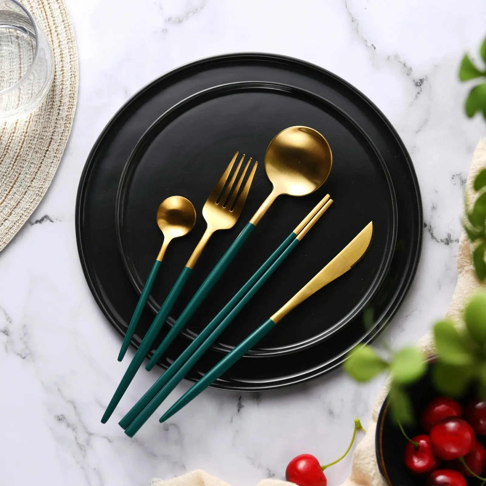 Cadence & Co Hemingway Cutlery and Chopstick Set 30 Piece Matte Green/Gold