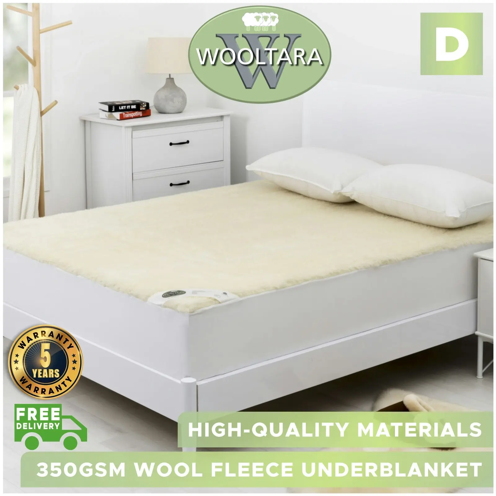 Wooltara Classic 350GSM Washable Wool Fleece Underblanket Double Bed