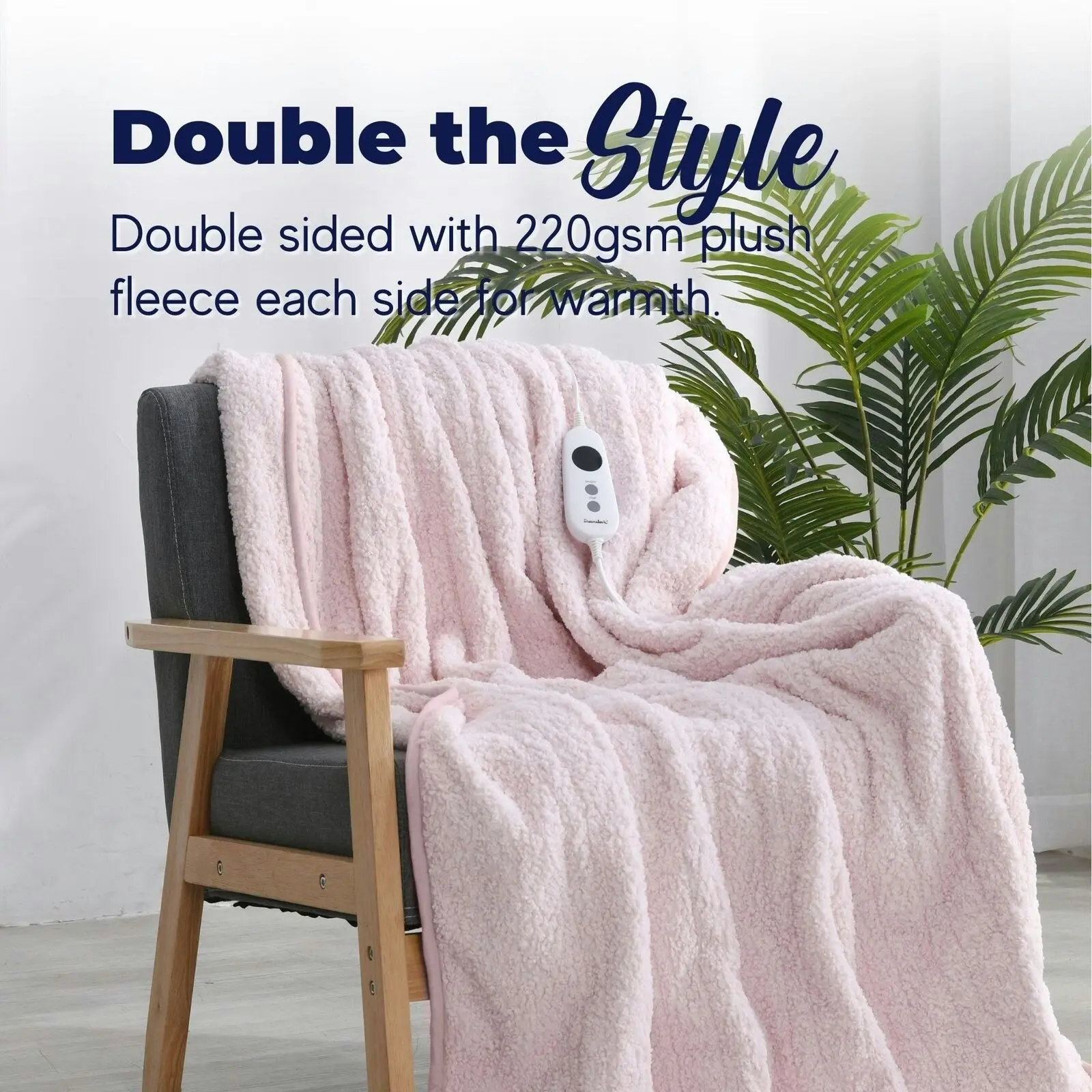 Dreamaker Teddy Fleece Heated Throw Blush Pink 160x130cm