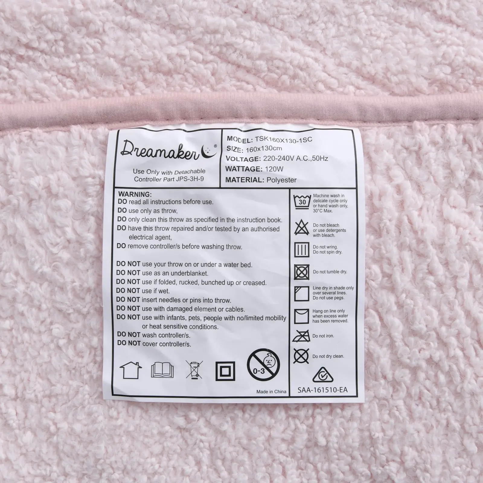 Dreamaker Teddy Fleece Heated Throw Blush Pink 160x130cm