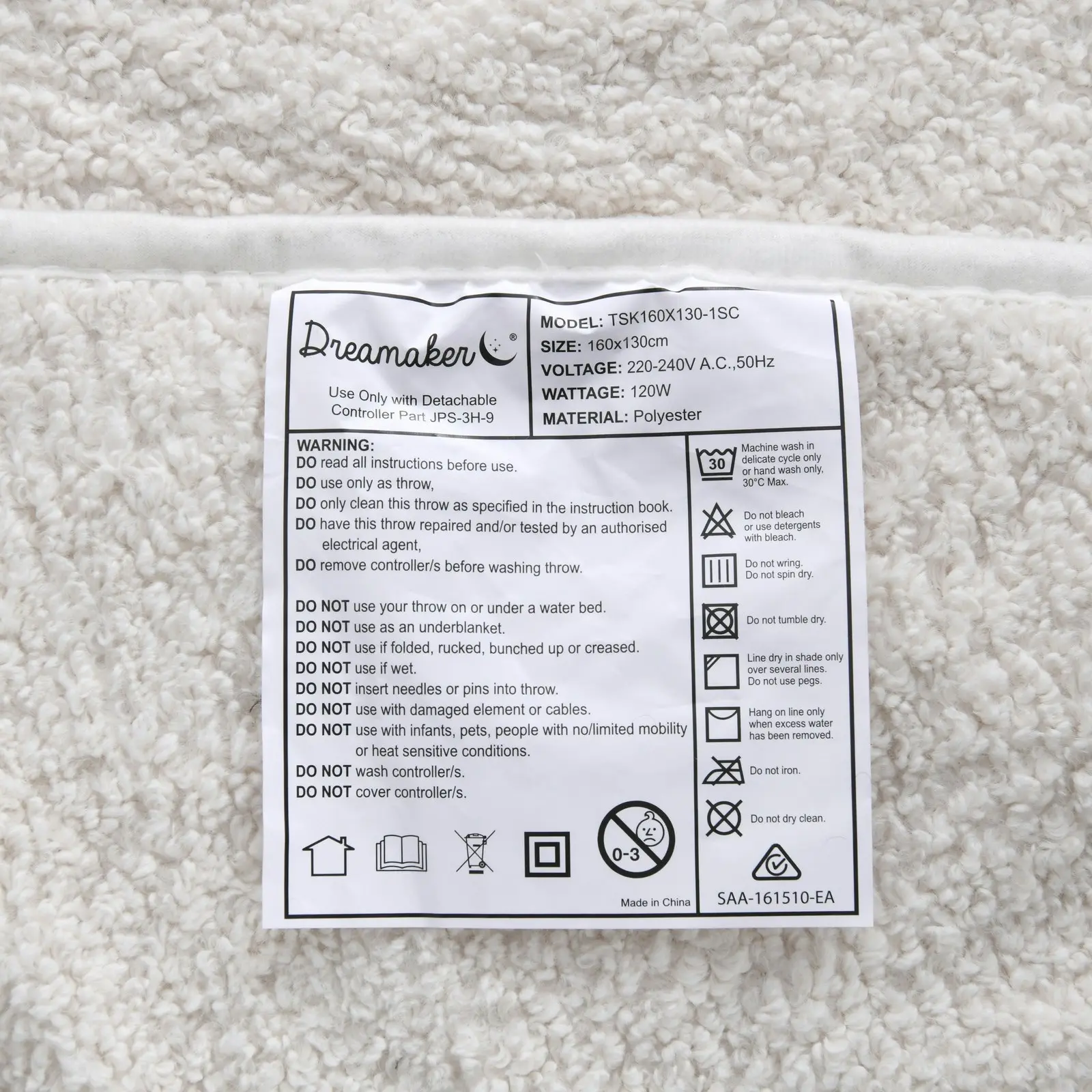 Dreamaker Teddy Fleece Heated Throw Cream 160x130cm