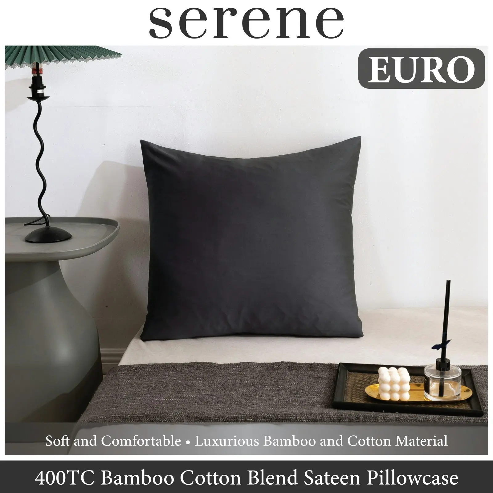 Serene 400TC Bamboo Cotton Blend Sateen Euro Pillowcase CHARCOAL