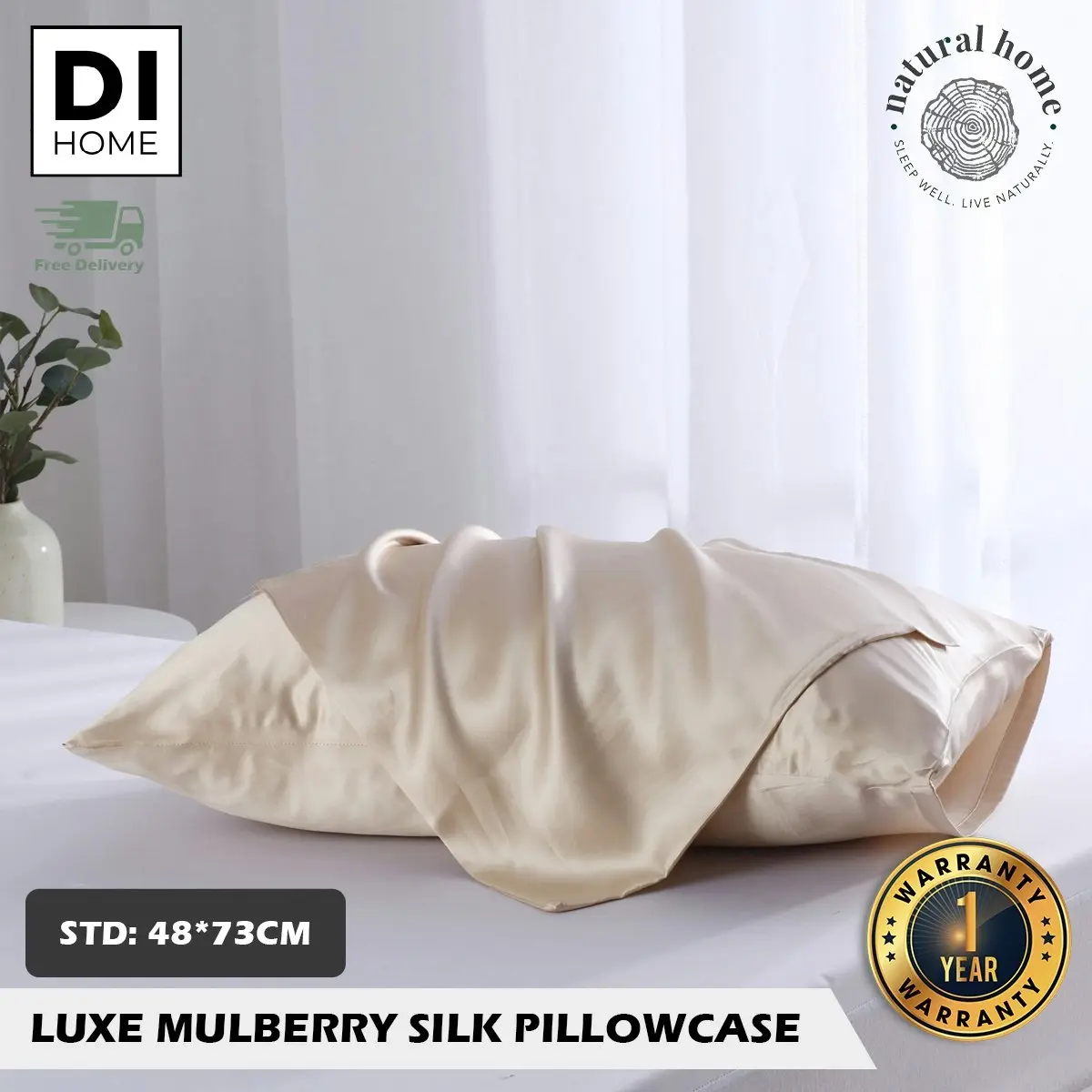 Natural Home Luxe Mulberry Silk Pillowcase 25 Momme Standard Pillowcase 48 x 73cm - Gold