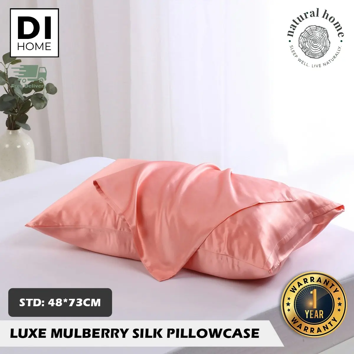 Natural Home Luxe Mulberry Silk Pillowcase 25 Momme Standard Pillowcase 48 x 73cm - Blush