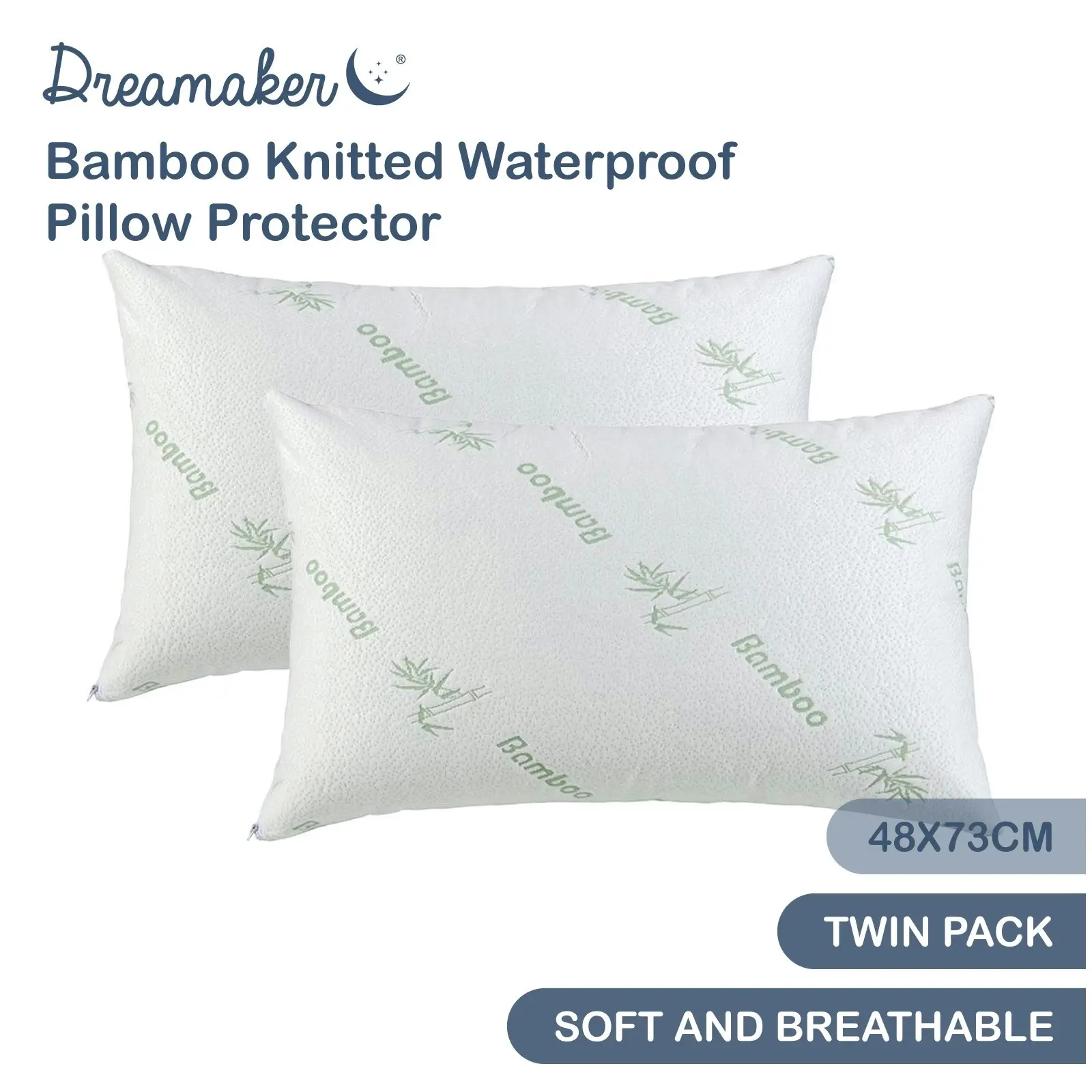 Dreamaker Bamboo Knitted Waterproof Pillow Protector Standard 48x73cm (2 Pack)