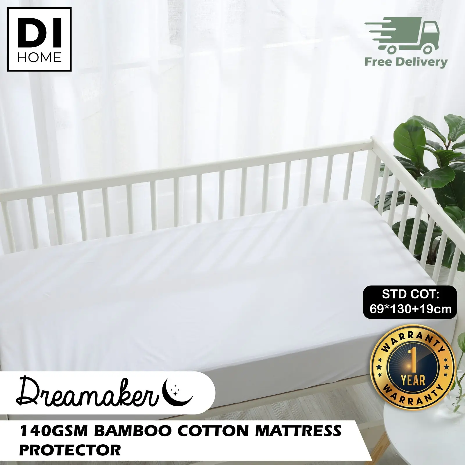 Dreamaker Bamboo Cotton Jersey Baby COT Waterproof Mattress Protector White Standard