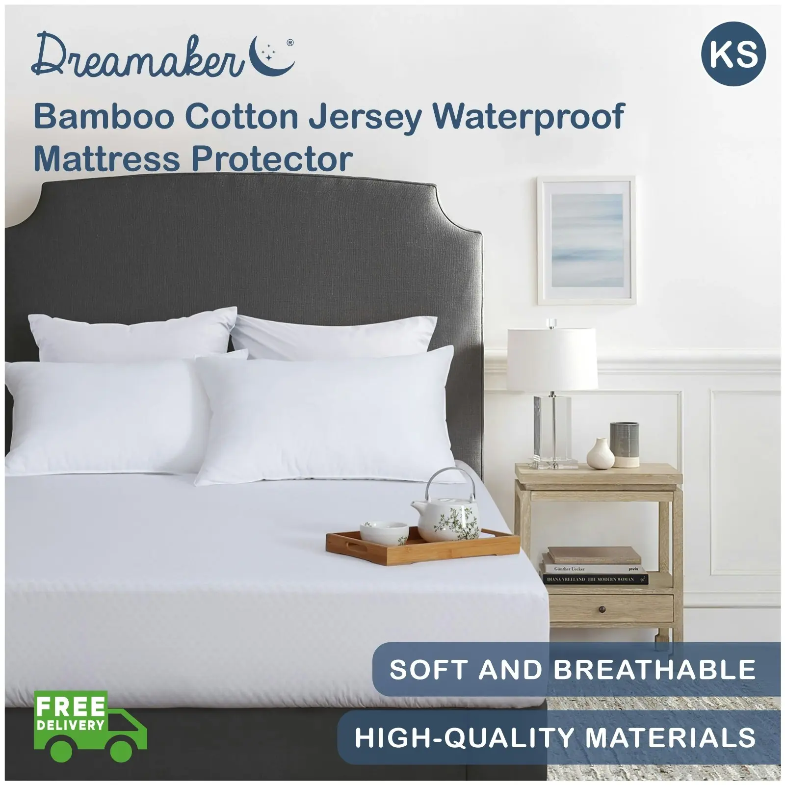 Dreamaker Bamboo Cotton Jersey Waterproof Mattress Protector King Single Bed