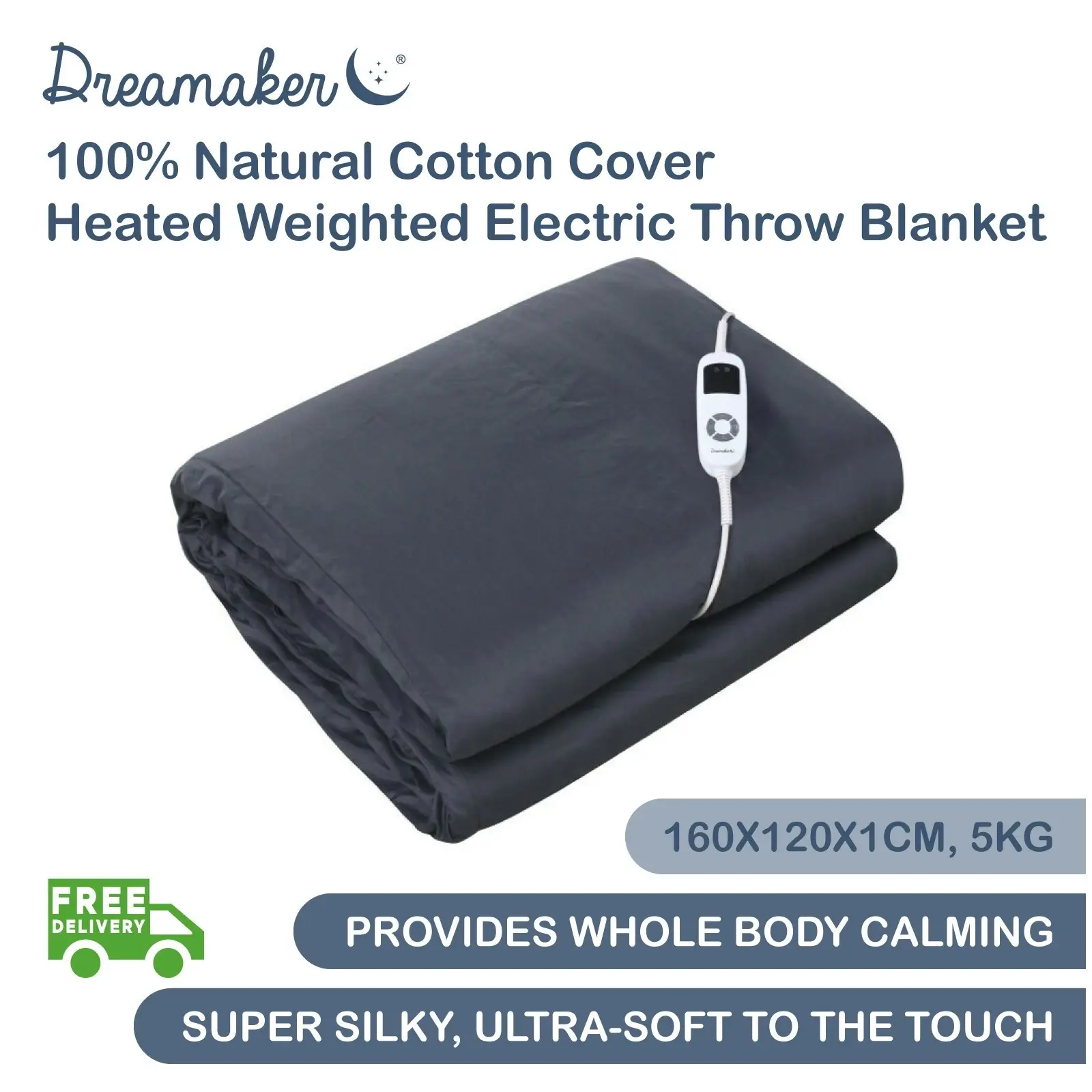 Dreamaker 100% Natural Cotton Cover Heated Weighted Electric Throw Blanket 5Kg