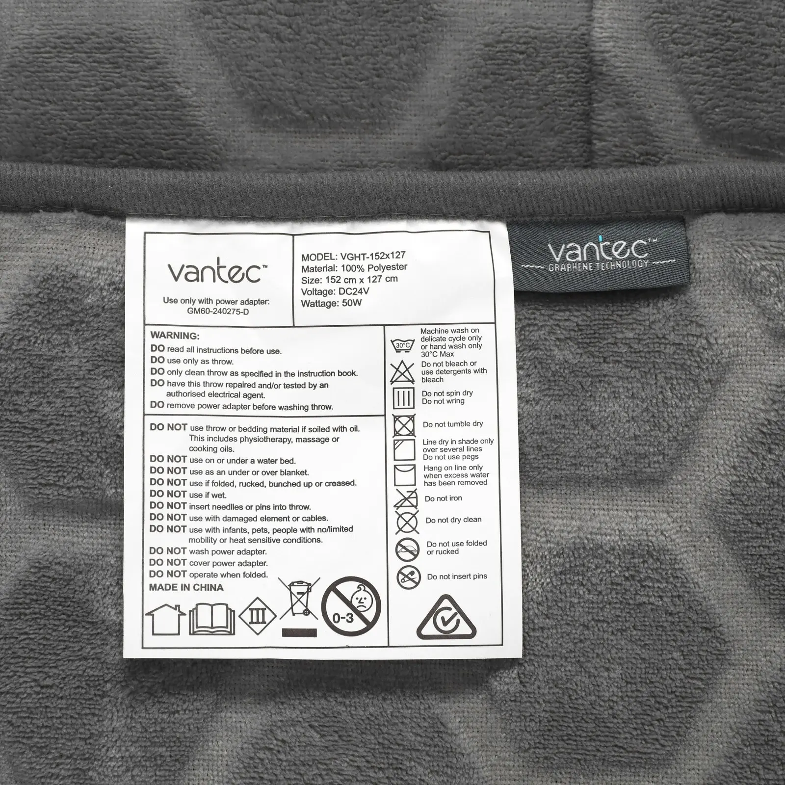 Vantec Graphene Heated Throw Electric Blanket  Grey 152x127cm